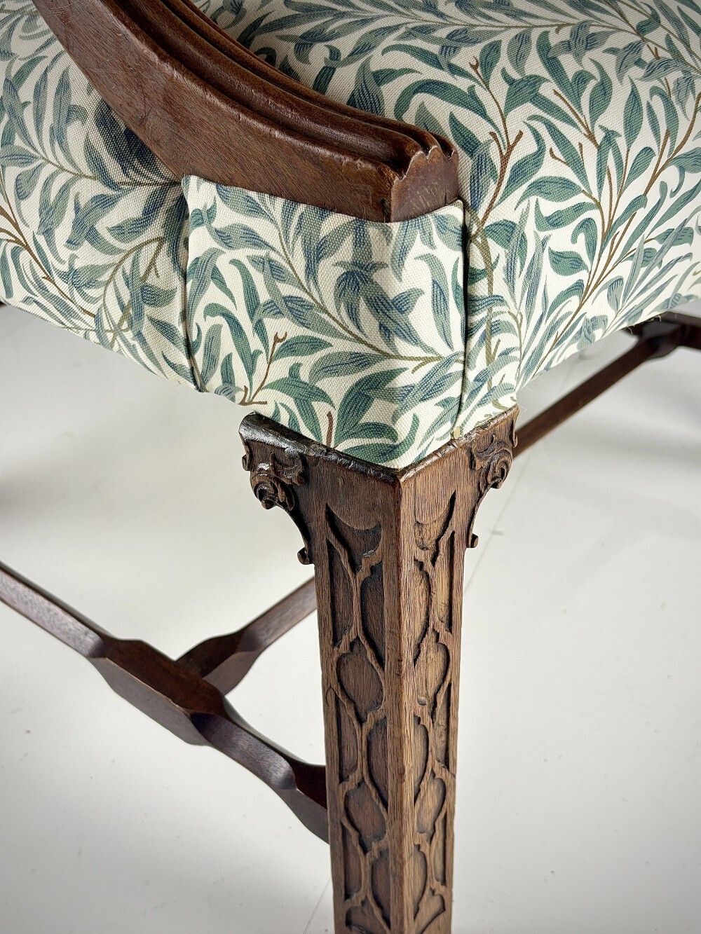 photo furniture Large Scale Open Arm Library Chair In William Morris Willow Bough & Impressive Blind Fretwork