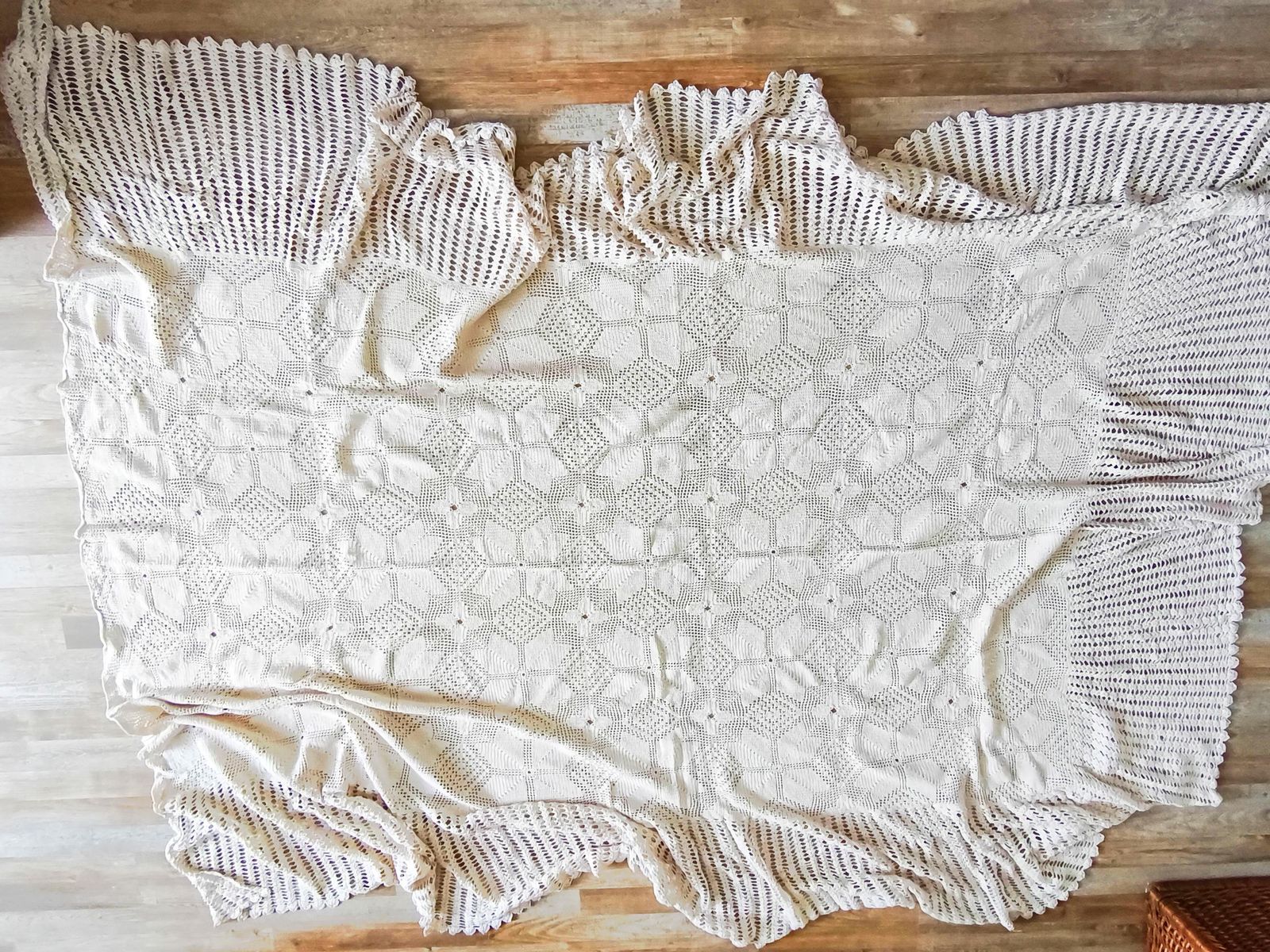 photo furniture Handmade Crochet Blanket Scallops, Beige Cotton Blanket, Rustic Lace Throw, Bedspread