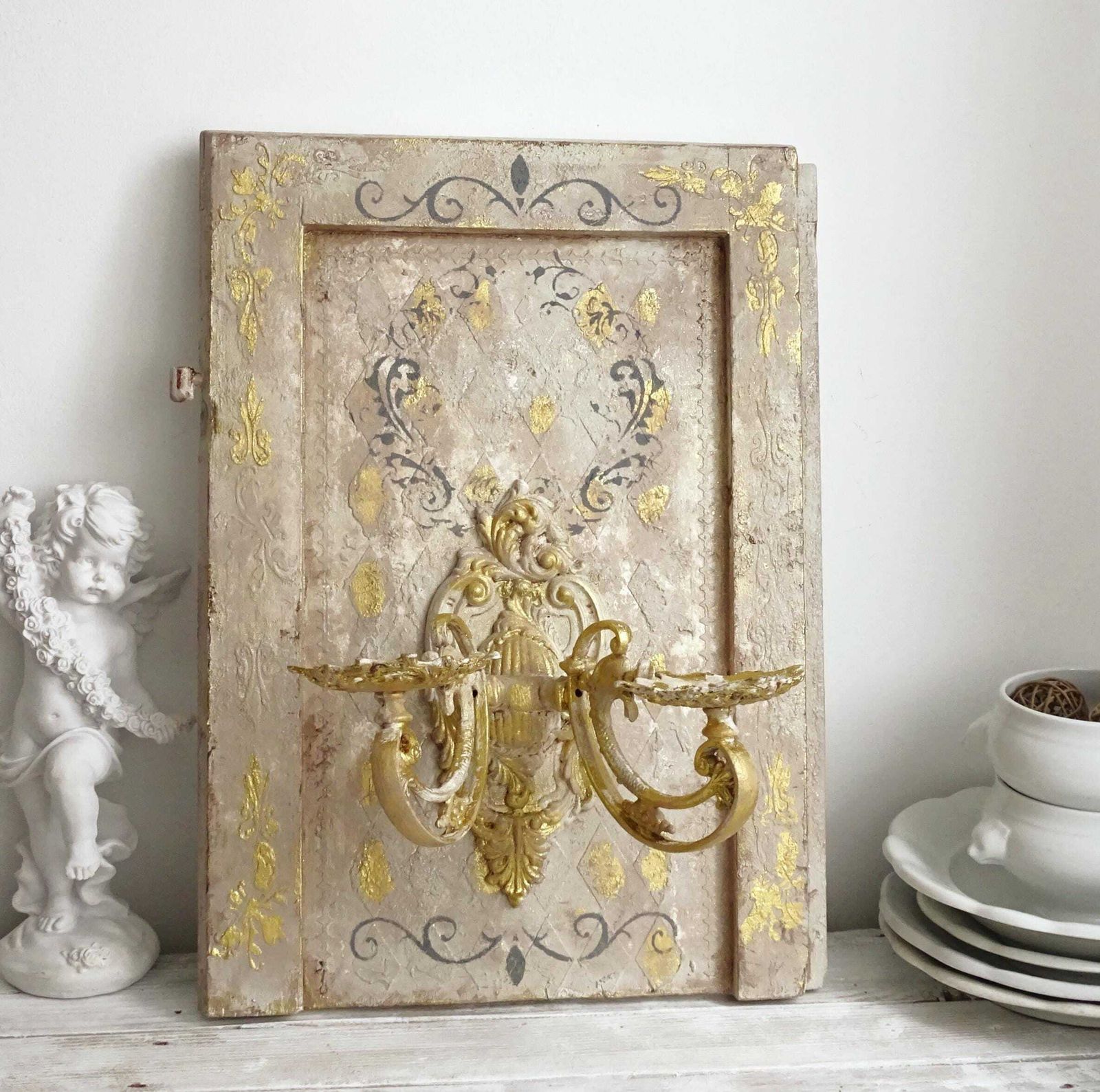 Gilded French Candle Sconce: Shabby Chic Wrought Iron Wall Decor photo buy