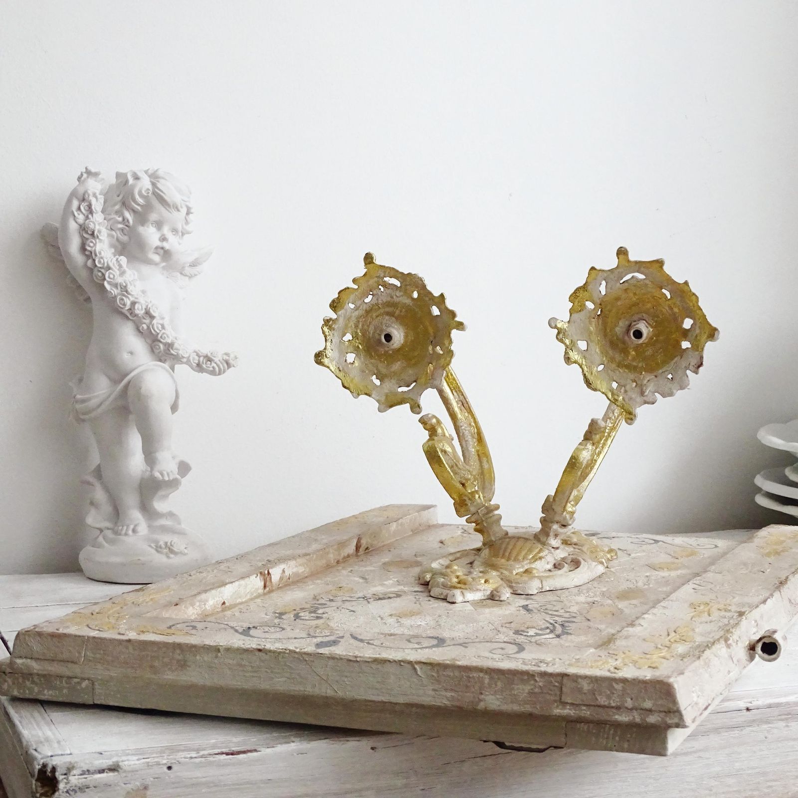 Gilded French Candle Sconce: Shabby Chic Wrought Iron Wall Decor photo vintage