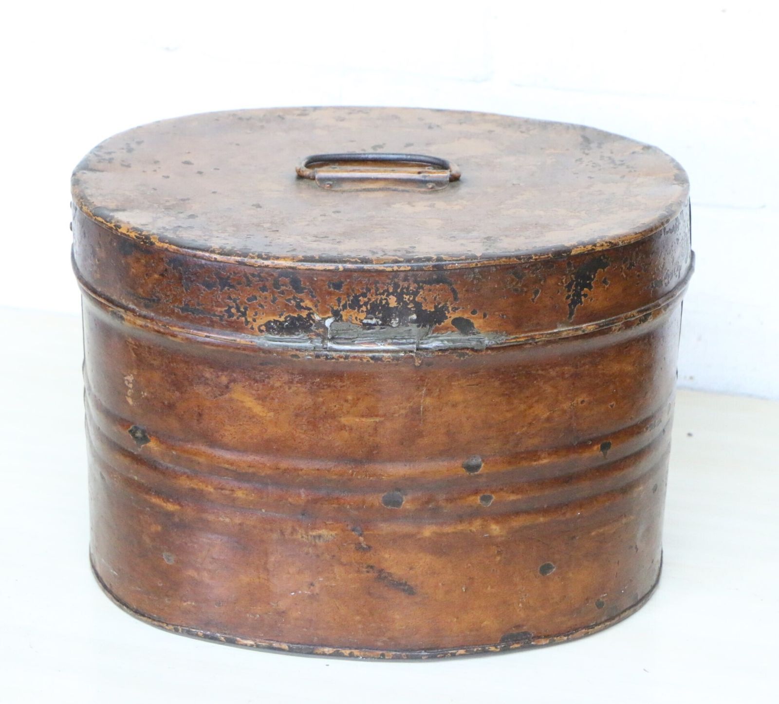 Antique Metal Hat Box Toleware Tin Lovely Patina + Hasp Very Decorative photo buy