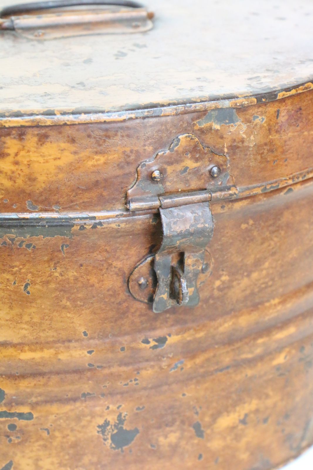 photo buy Antique Metal Hat Box Toleware Tin Lovely Patina + Hasp Very Decorative
