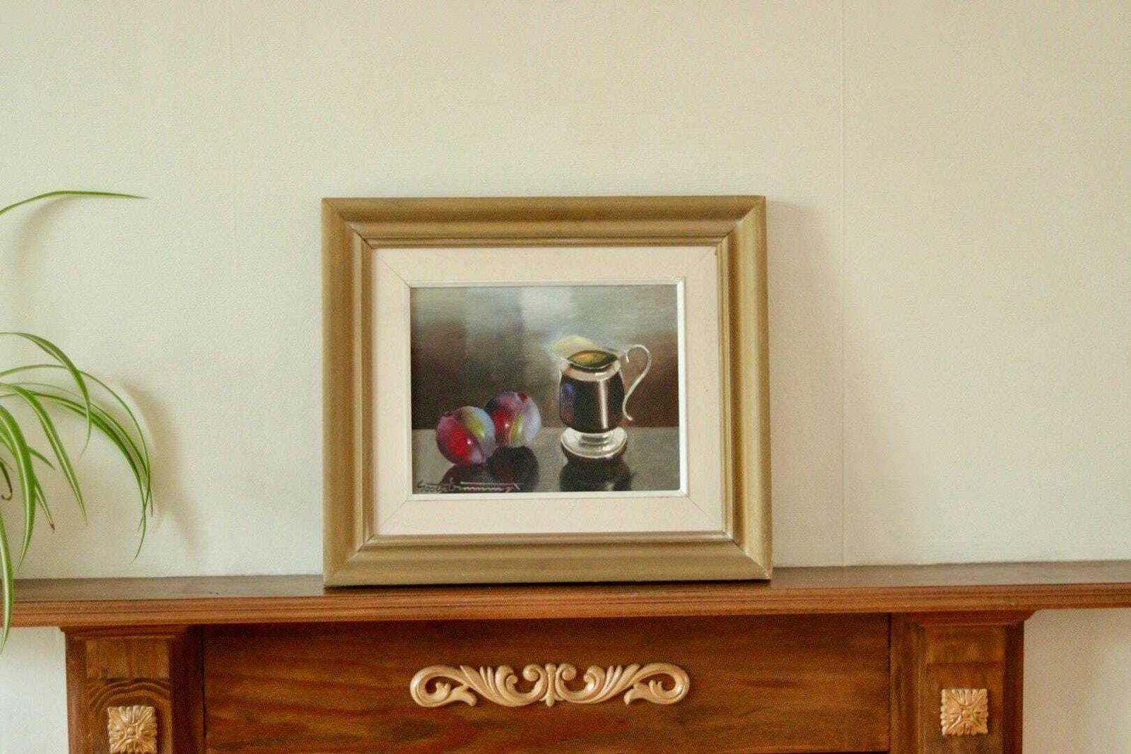 Original Mid Century  Swedish Oil On Canvas "Still Life With Plums And Jug"By Gösta Emming Vintage & Framed | 38 X 33 Cm (15 X 13 Inches)