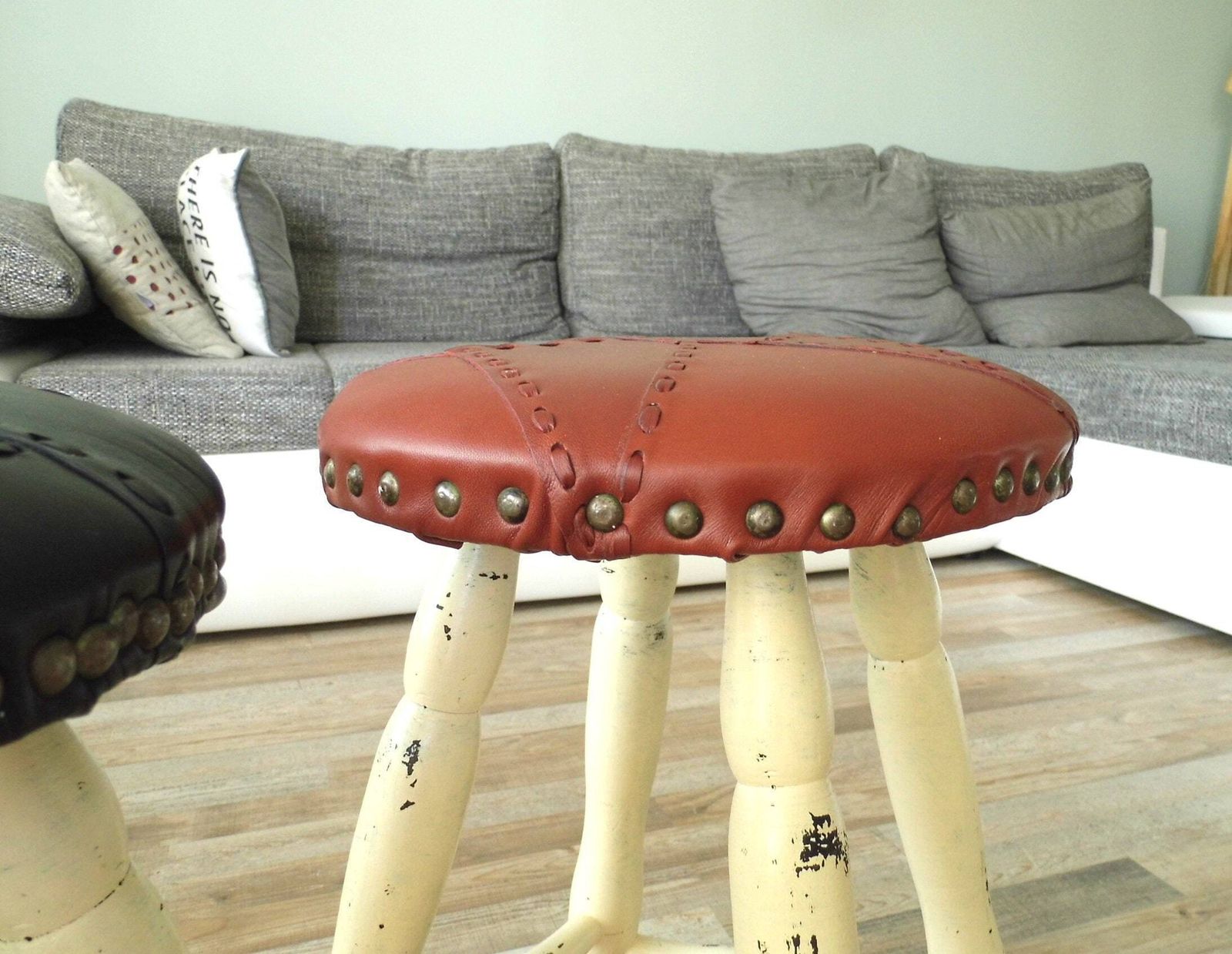 Vintage Leather Top Stool: Mid Century Modern Wood Barstool photo vinterior