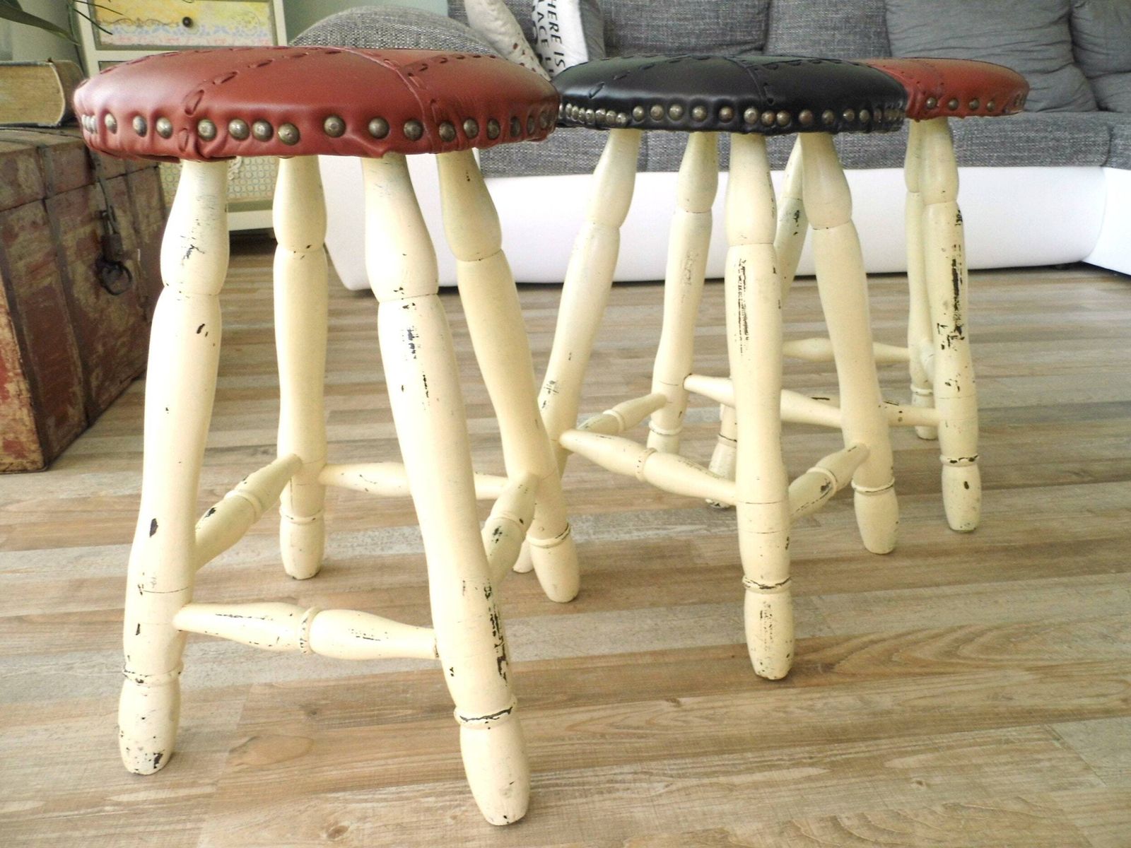 photo furniture Vintage Leather Top Stool: Mid Century Modern Wood Barstool