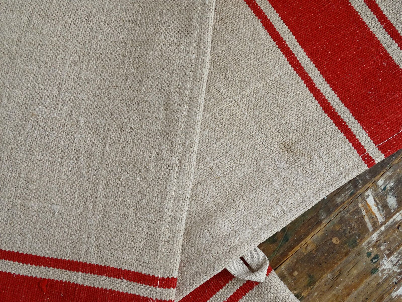 photo furniture Set Of 2 Antique French Linen Tea Towels: Red Stripes, Unused 1900s Torchon