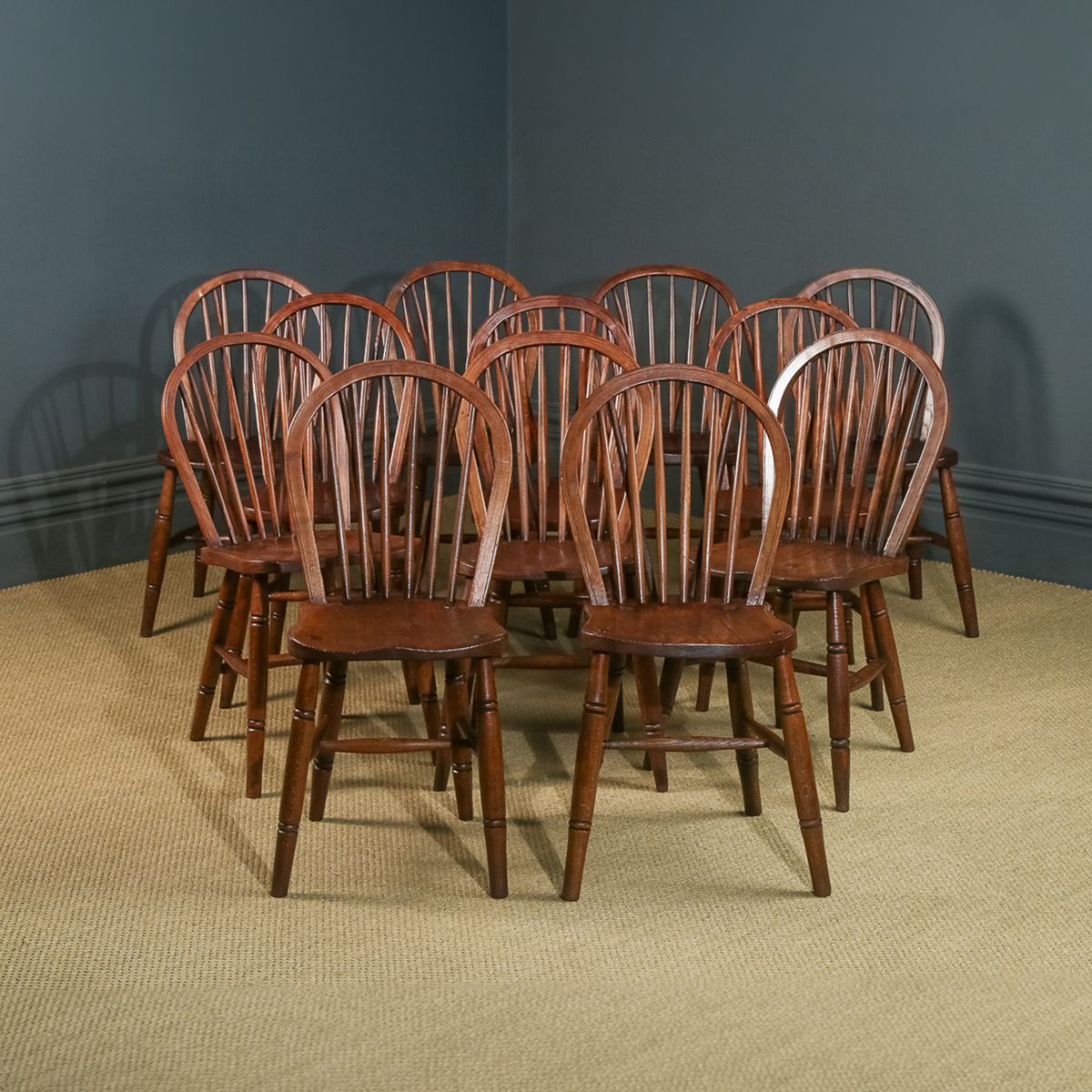 Set Of 12 Twelve Victorian Ash & Elm Windsor Stick & Hoop Back Kitchen Chairs (Circa 1890   1930)