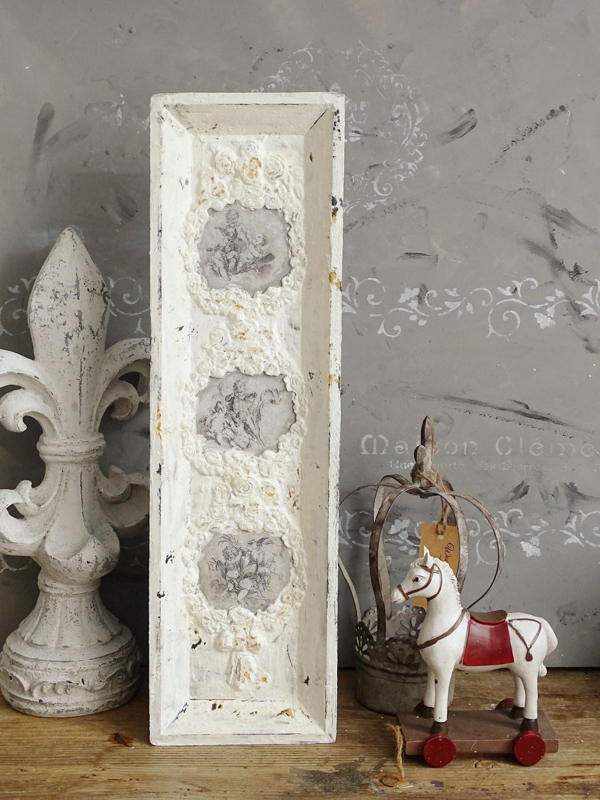 Shabby Chic Cherub Wall Panel: Victorian French Style, Distressed Wood photo Art