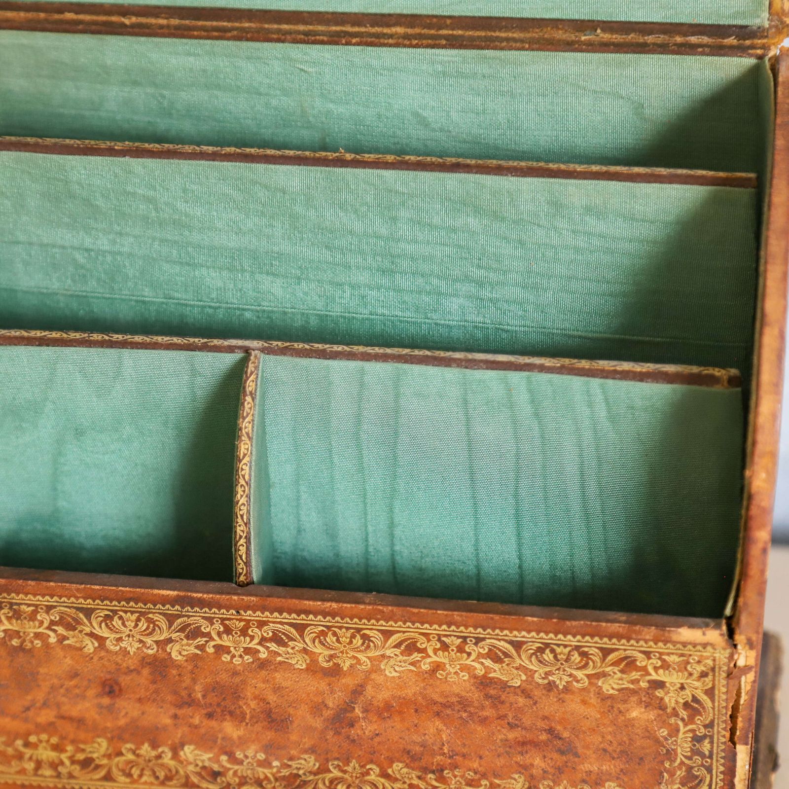 Small Leather Stationery Box With Pale Green Watered Silk Interior   Early 20th Century photo vinterior