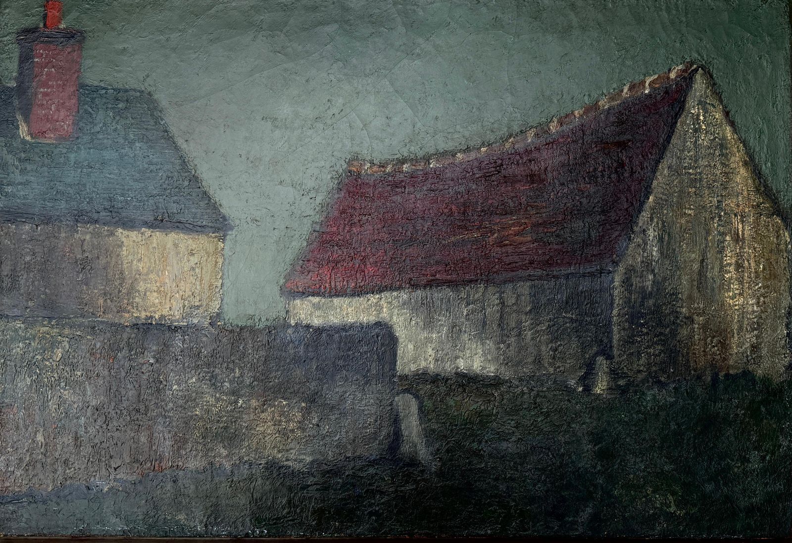 Francisco Sales Casas En El Crepúsculo – Olieverf Op Doek, Expresionistisch Landschap, Ca. 1950