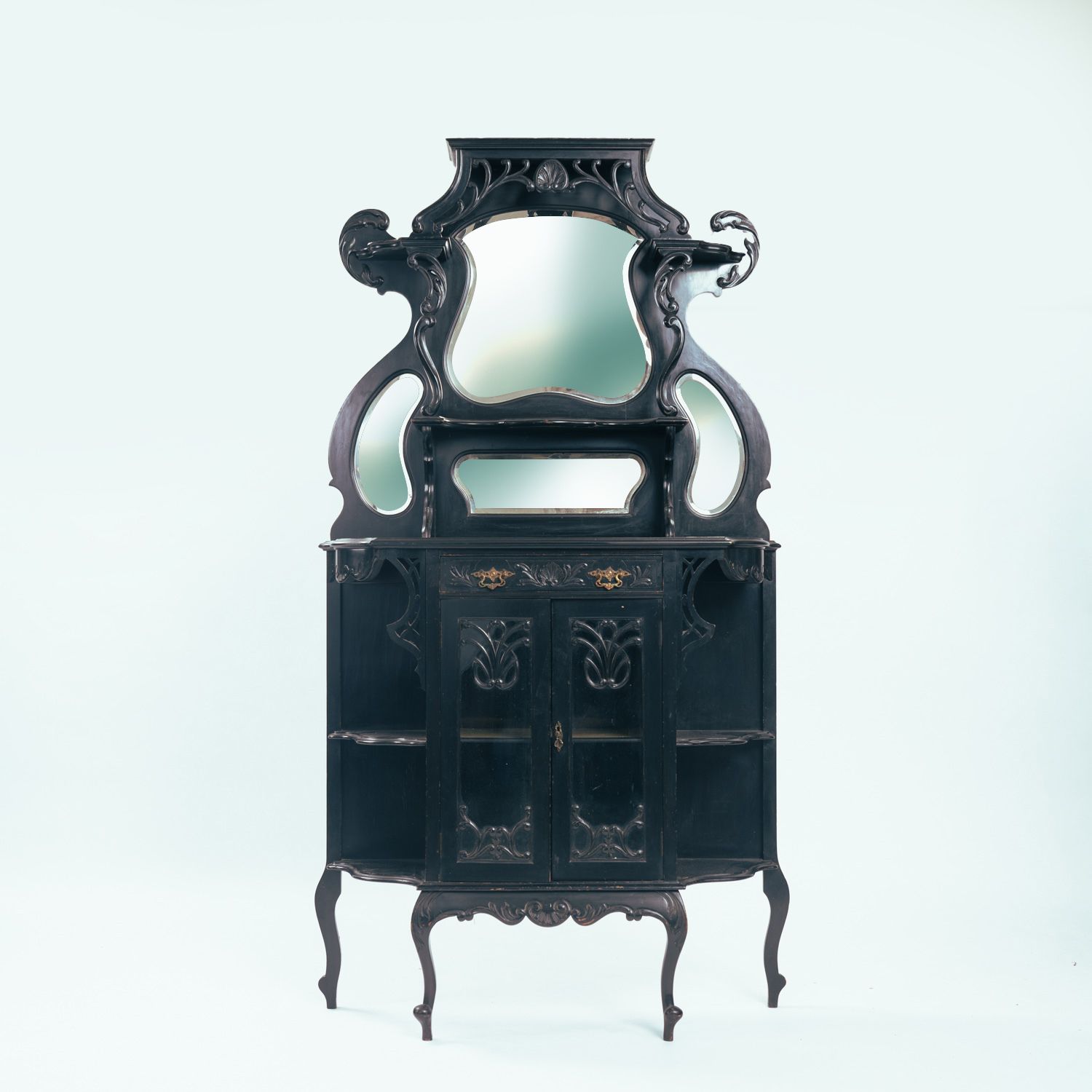 Arts & Crafts Parlour Cabinet In Black Ebonised Wood And Mirror Glass From Maddox & Co., England, 1910s