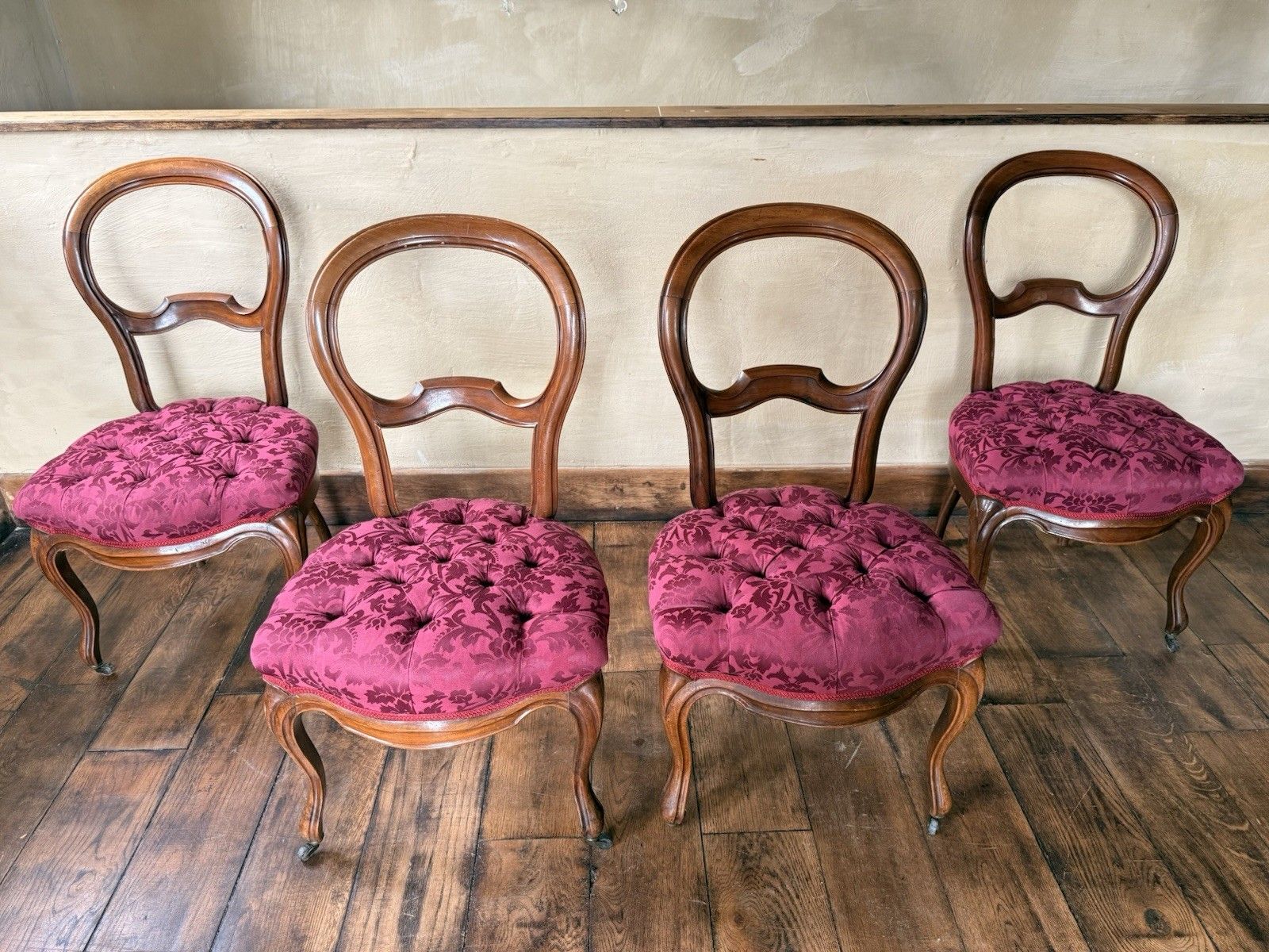 Antique Walnut Balloon Back  Victorian Magenta Purple Dining  Chairs Set 4 photo for sale