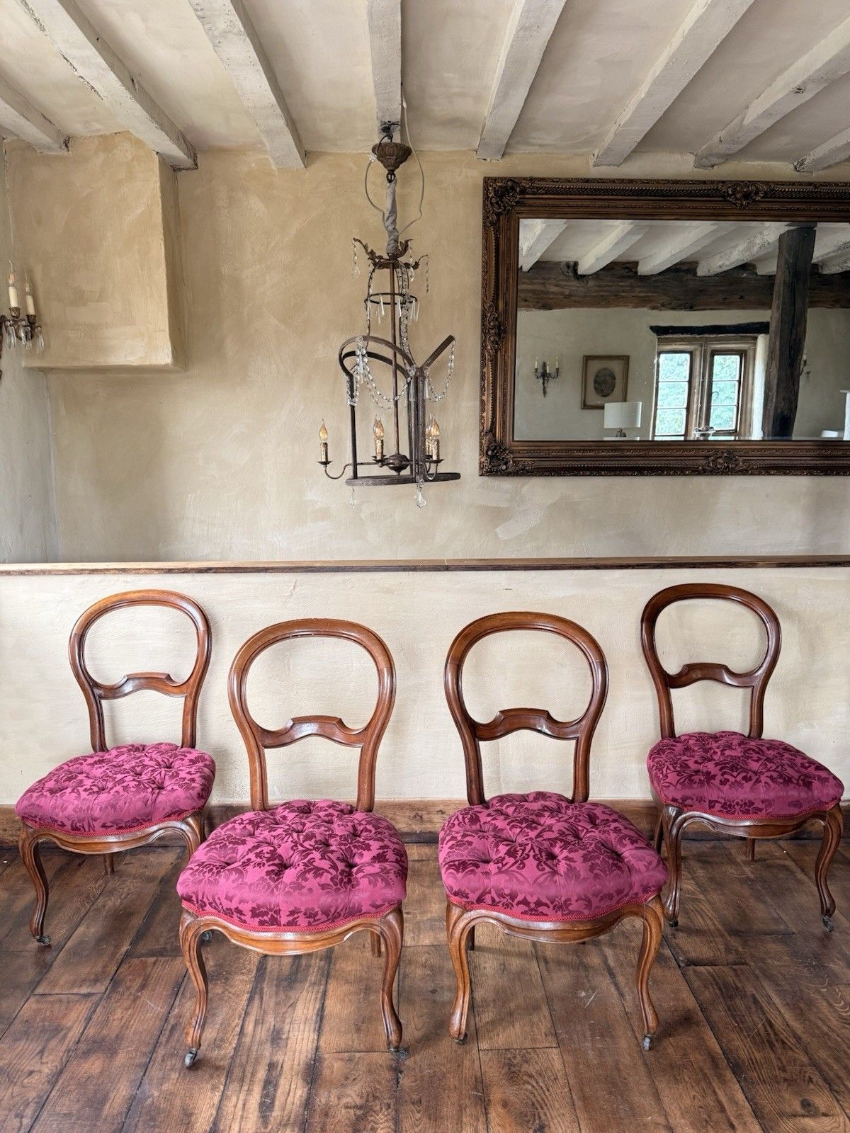 Antique Walnut Balloon Back  Victorian Magenta Purple Dining  Chairs Set 4 photo vinterior