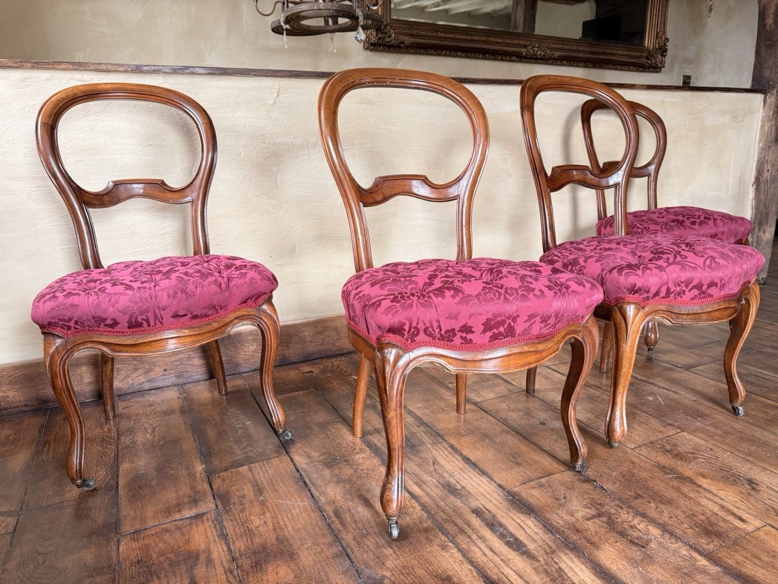 Antique Walnut Balloon Back  Victorian Magenta Purple Dining  Chairs Set 4 photo buy