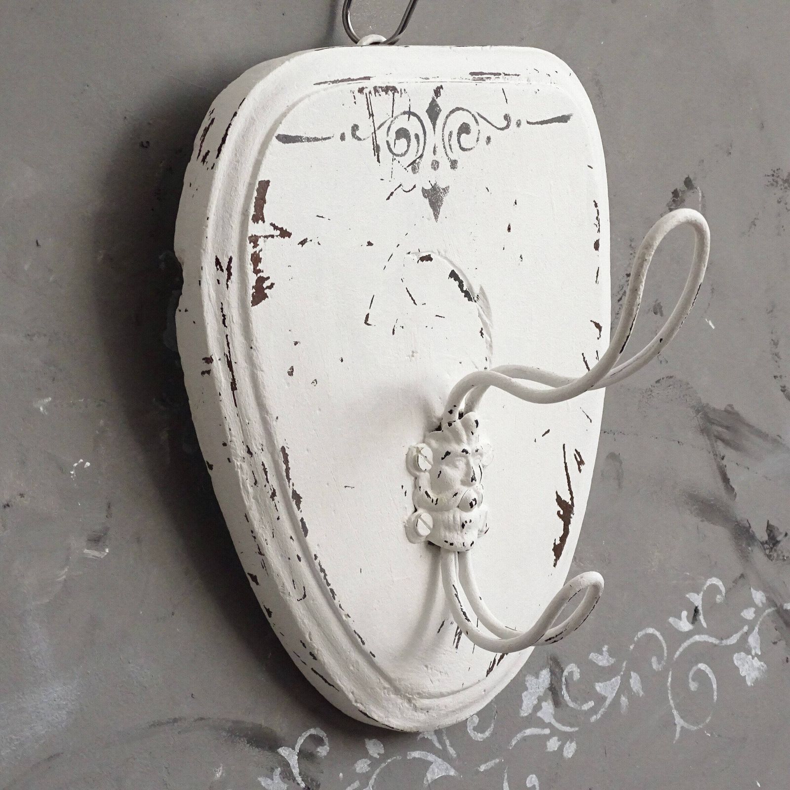 Antique White Wood Coat Hook: Shabby Chic Farmhouse Wall Hat Rack
