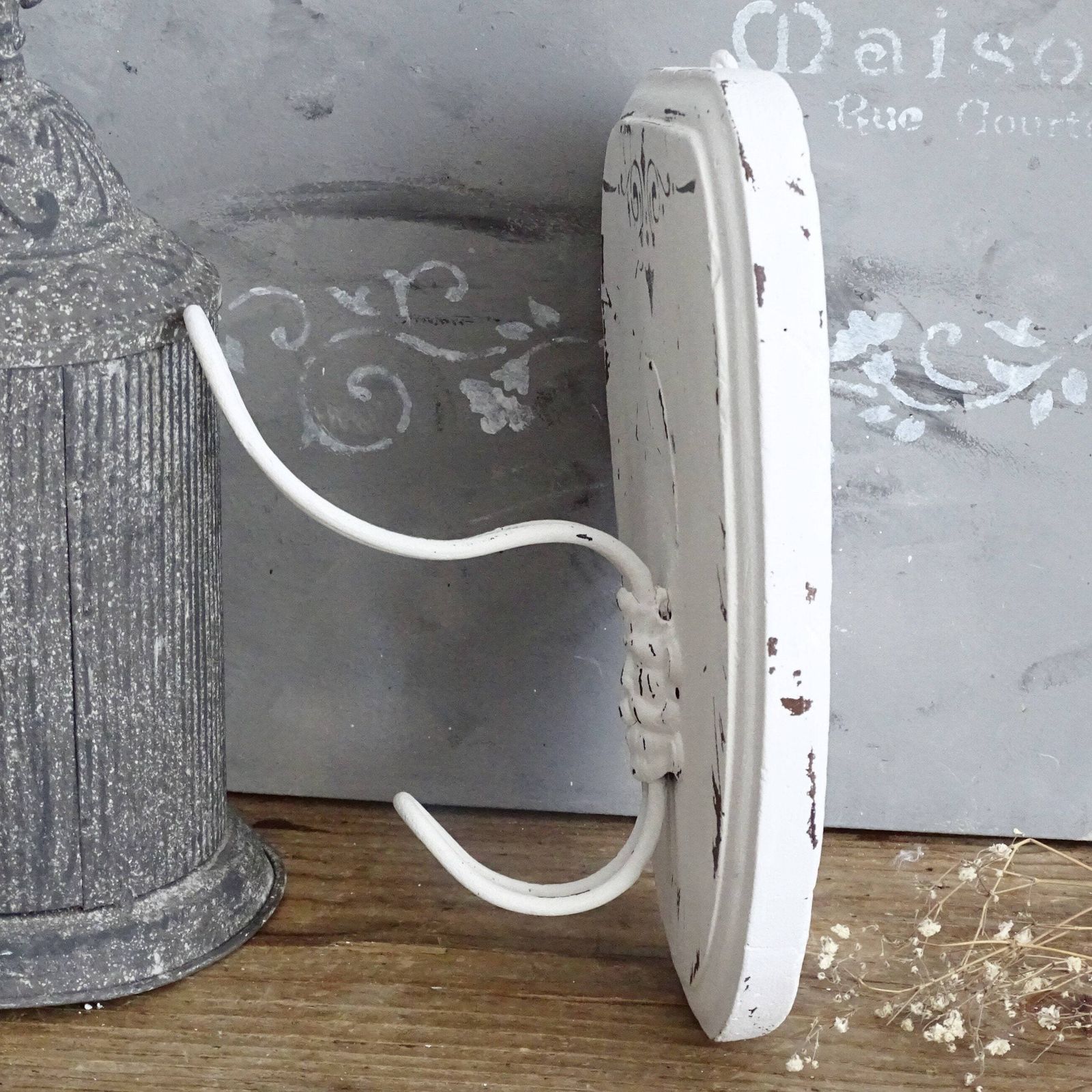 Antique White Wood Coat Hook: Shabby Chic Farmhouse Wall Hat Rack photo vinterior