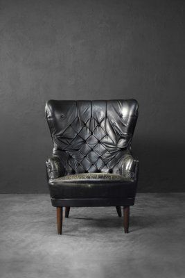 Mid Century Modern Danish Black Quilted Leather Wing Chair, 1960s photo for sale