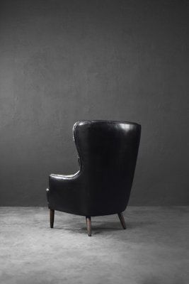 photo vinterior Mid Century Modern Danish Black Quilted Leather Wing Chair, 1960s