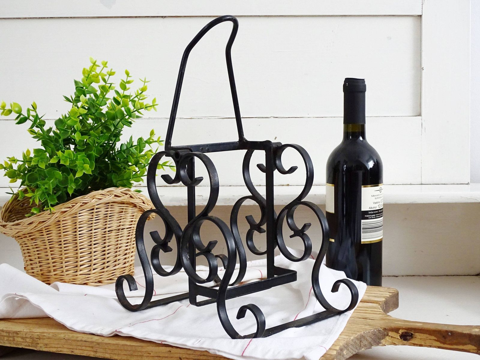 French Wrought Iron Wine Bottle Holder: Gothic Tabletop Barware