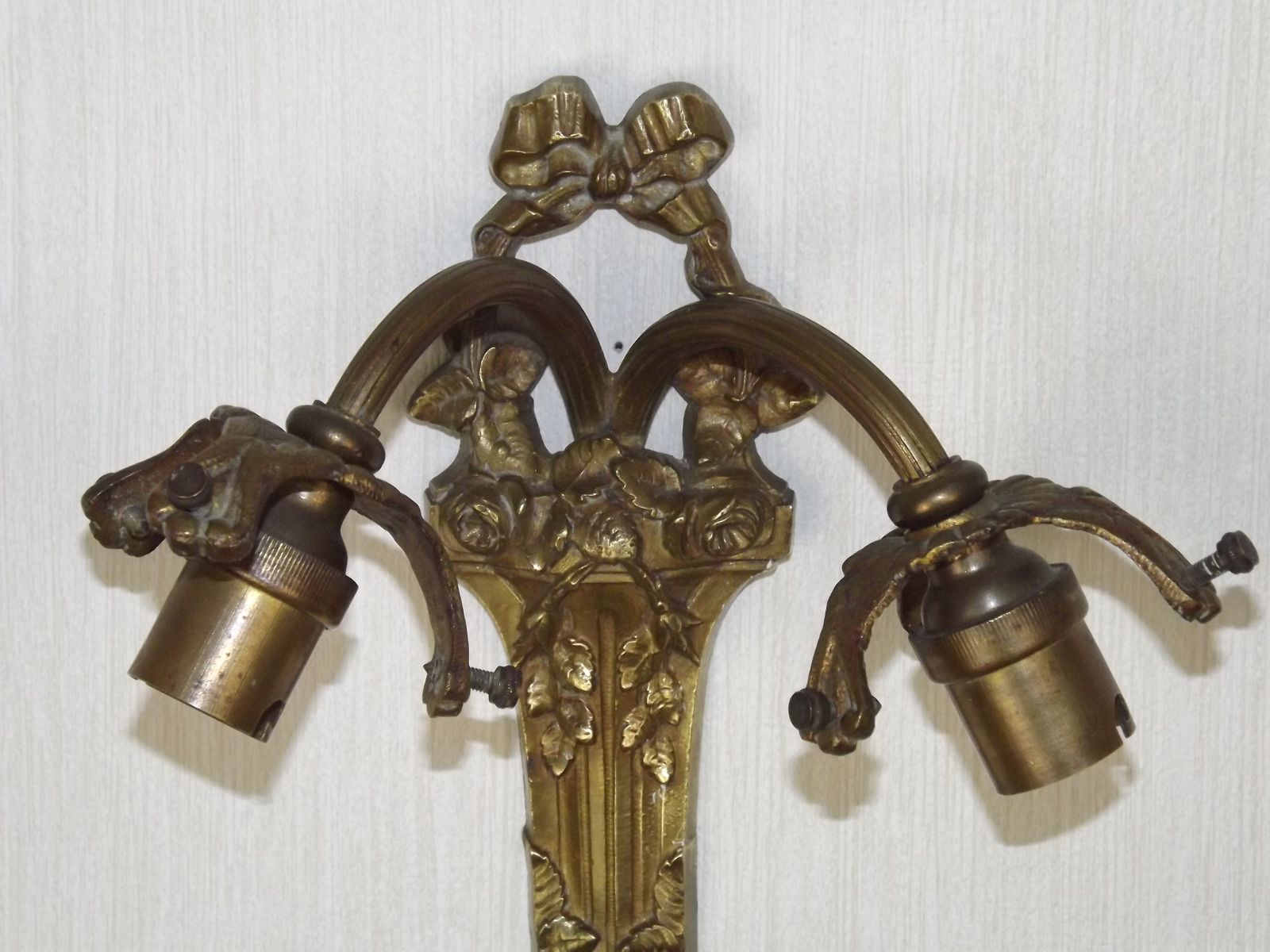 French Rococo Revival Bronze Double Wall Light White Patterned Glass Shades. Antique Lighting. Double Wall Sconce. Ribbon Bow Detail. photo furniture