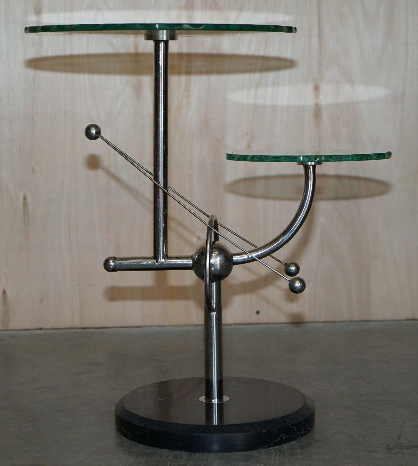 Mid Century Modern Atomic Space Age Chrome Glass & Marble Side End Lamp Table photo vinterior