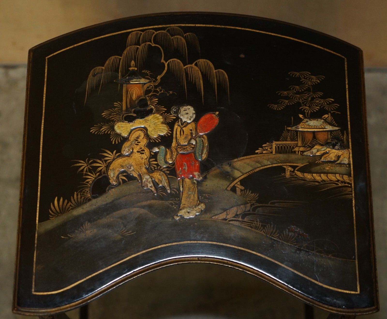 Furniture Nest Of Three Circa 1900 Chinese Chinoiserie Lacqurered Side Kidney Tables photo