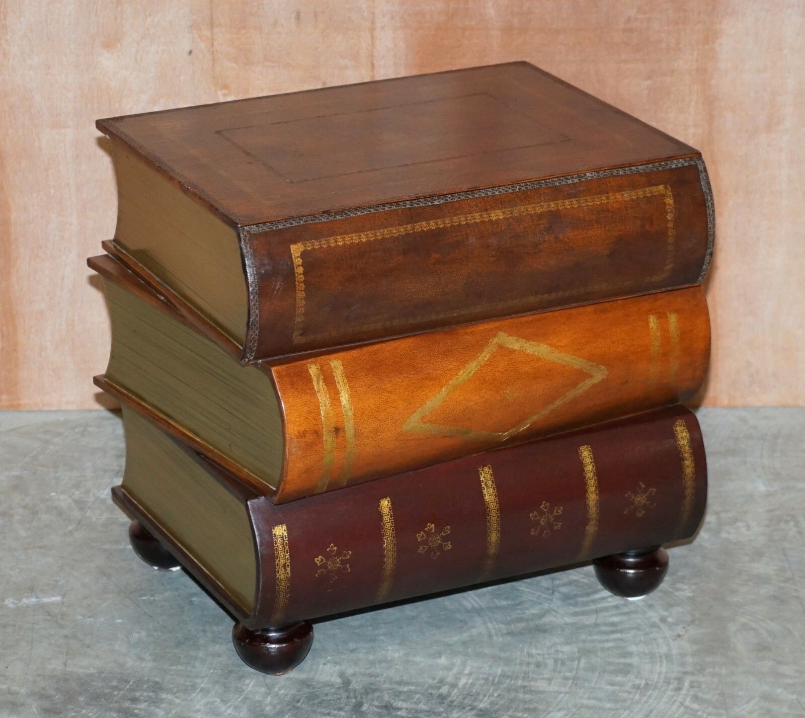 Pair Of Leather Bound Scholars Library Stacking Books Side Tables With Drawers photo furniture