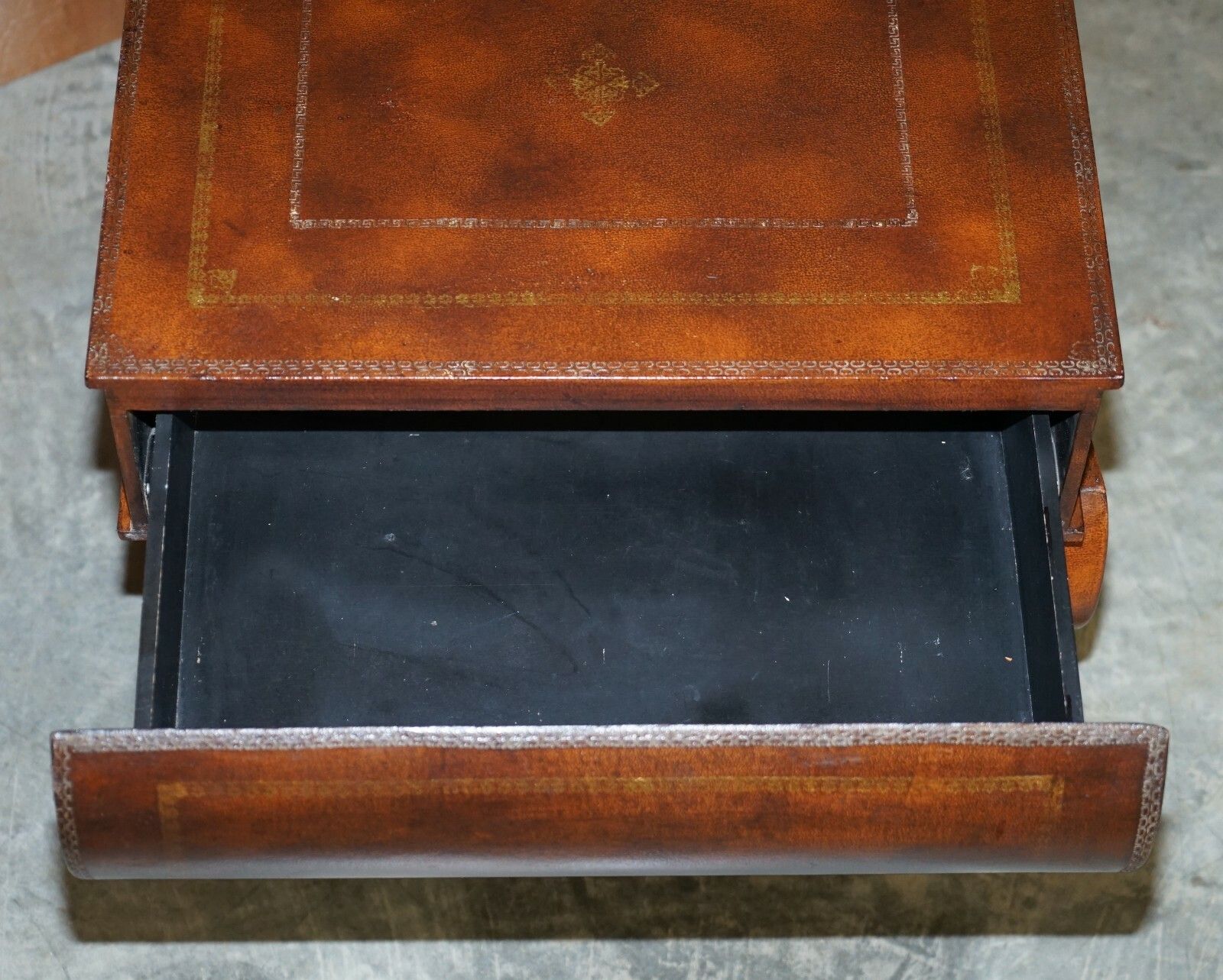 Pair Of Leather Bound Scholars Library Stacking Books Side Tables With Drawers photo vintage
