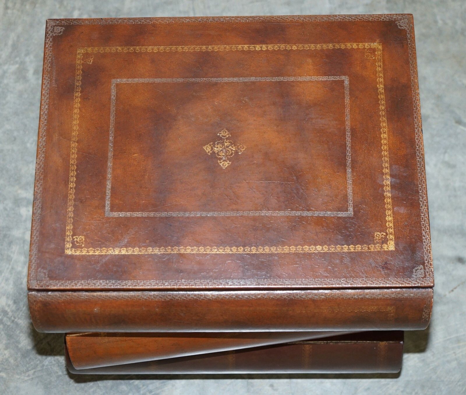 Furniture Pair Of Leather Bound Scholars Library Stacking Books Side Tables With Drawers photo