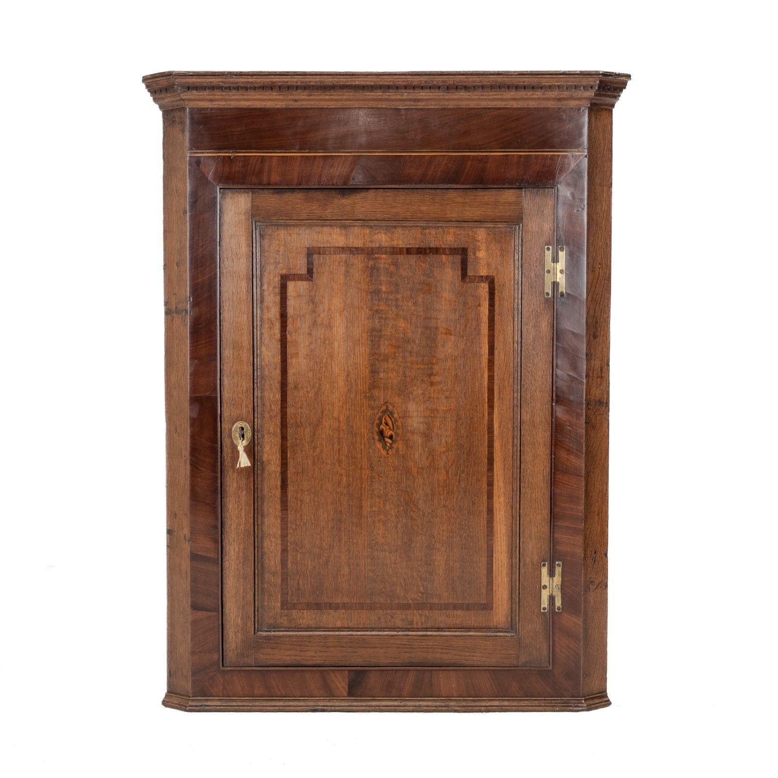 George III Oak & Mahogany Crossbanded Inlaid Wall Hanging Corner Cupboard, Late 18 Century Georgian