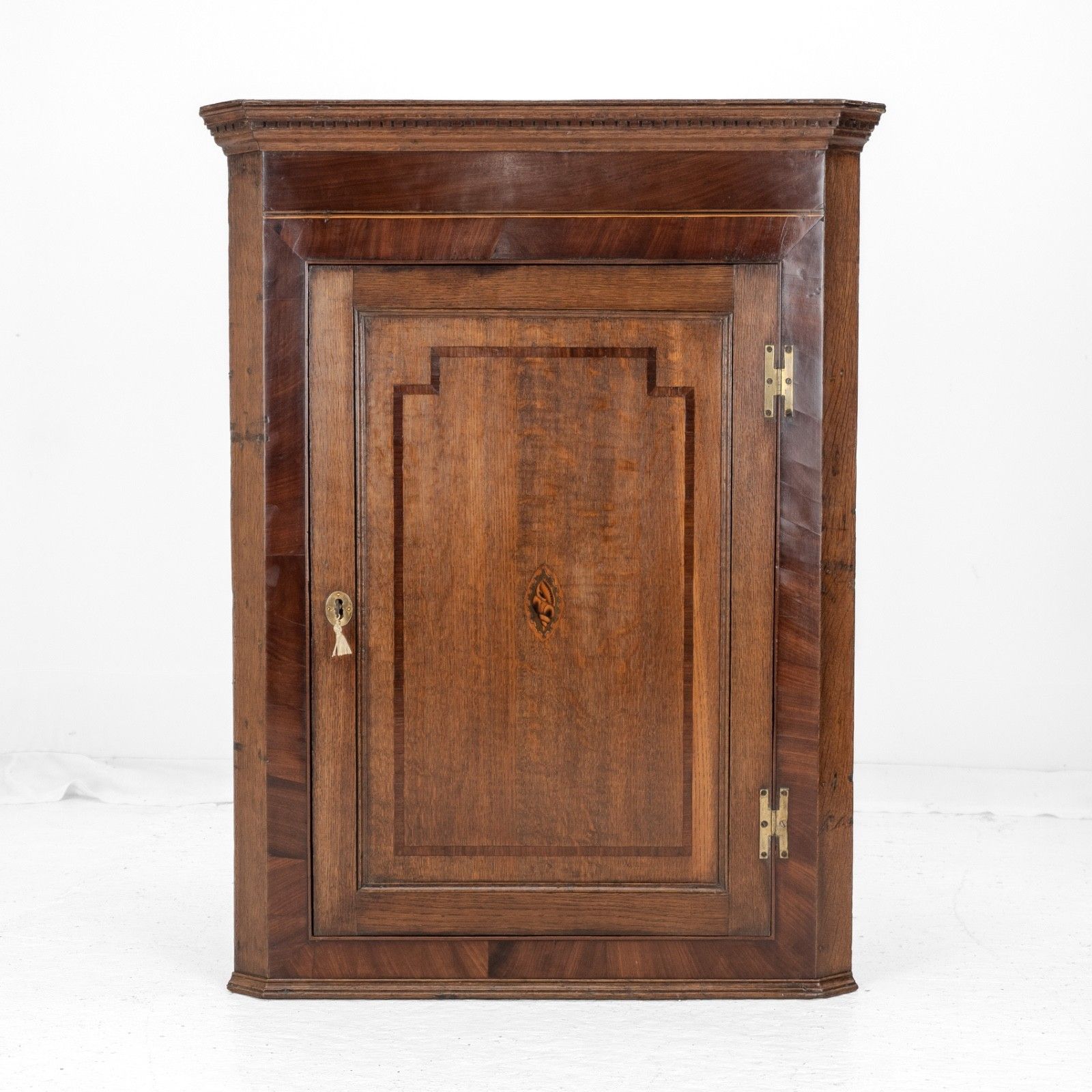 George III Oak & Mahogany Crossbanded Inlaid Wall Hanging Corner Cupboard, Late 18 Century Georgian photo furniture