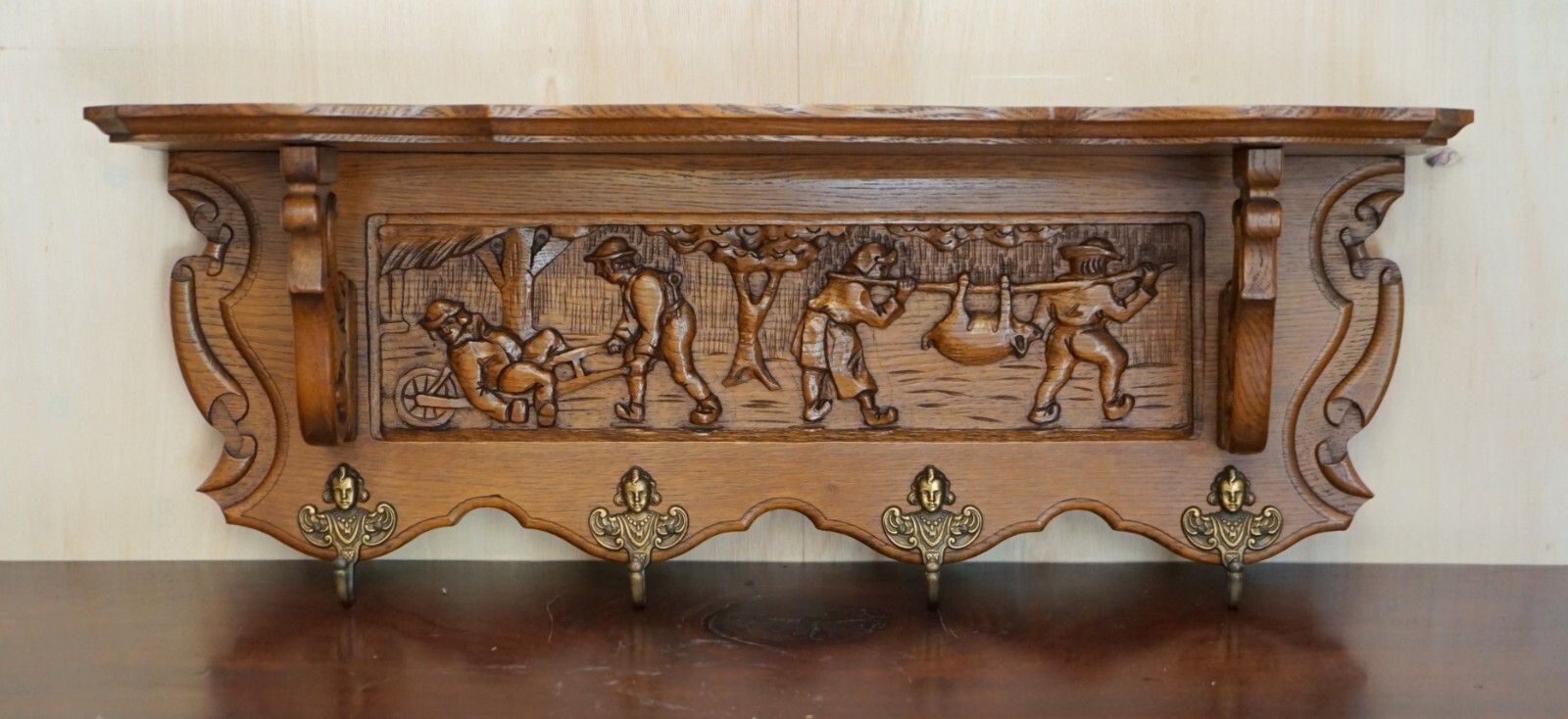 Antique Dutch Heavily Carved Oak Coat Hat Scarf Wall Rack Hanger French Hooks photo furniture