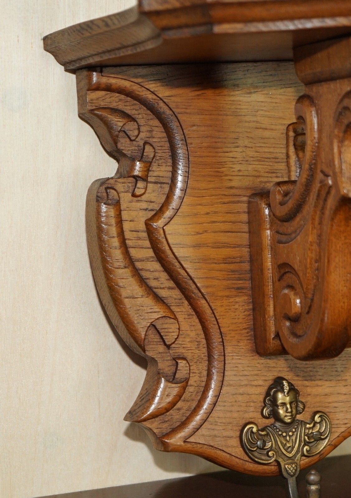 photo for sale Antique Dutch Heavily Carved Oak Coat Hat Scarf Wall Rack Hanger French Hooks