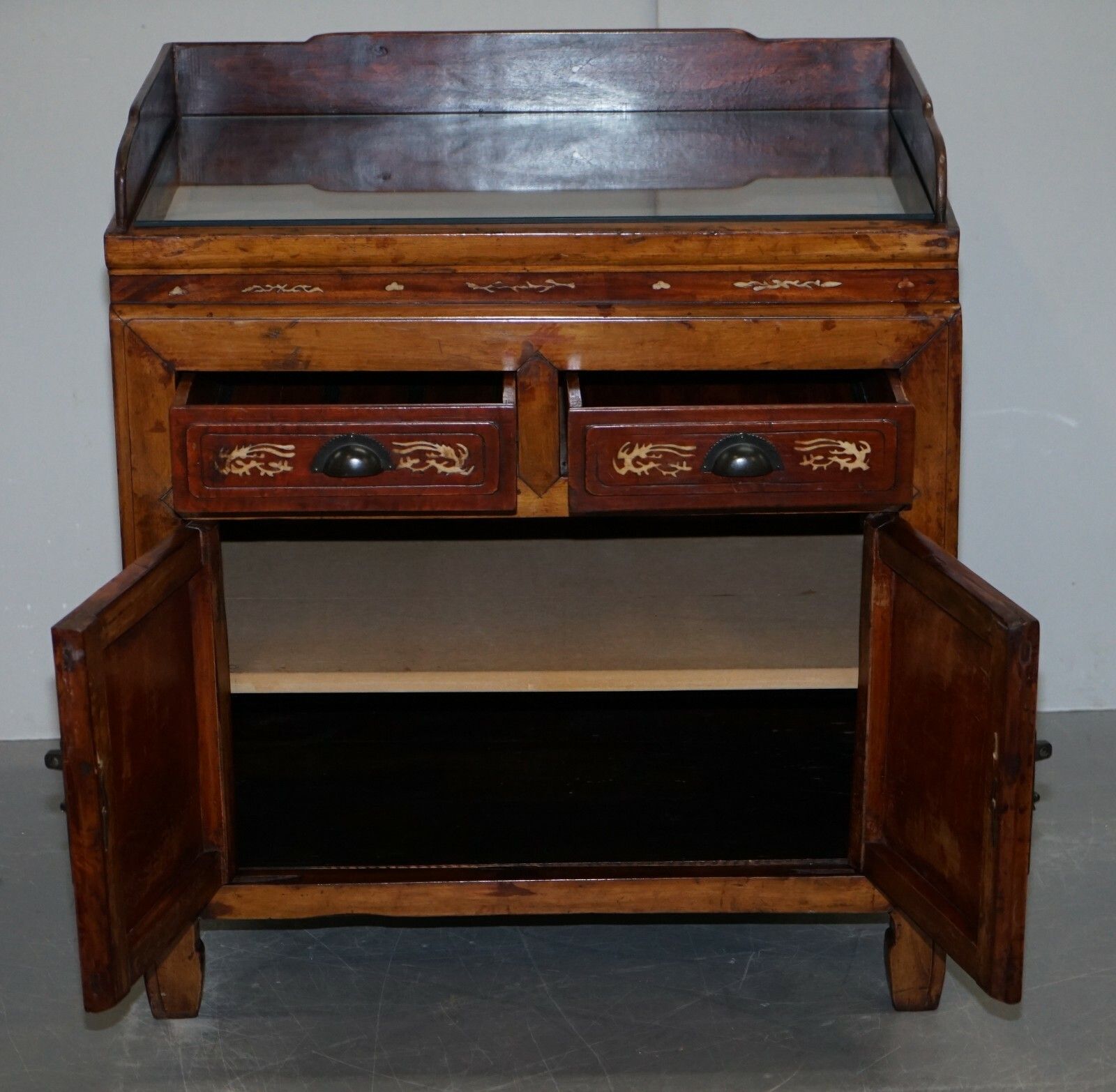 photo for sale Antique Chinese Export Circa 1900 Redwood Lacquered Inlaid Wash Stand Sideboard