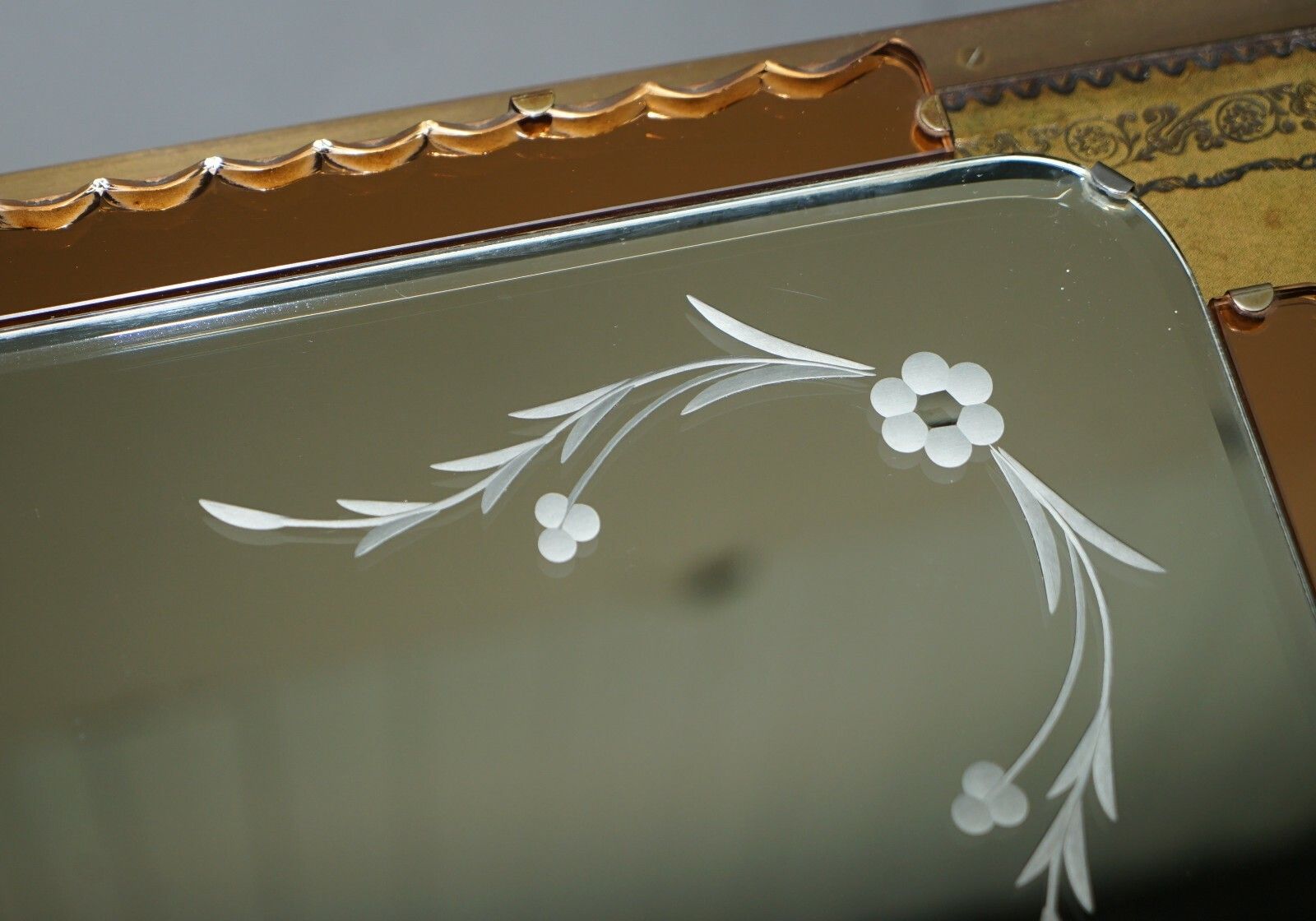 photo for sale Lovely 1930's Peach French Art Deco Venetian Etched & Engraved Bevelled Mirror