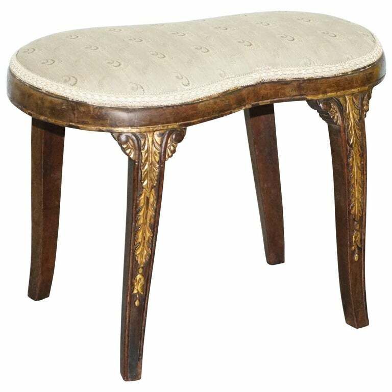 Rare Regency Walnut Giltwood Curved Kidney Saddle Stool Acanthus Leaf Detailing