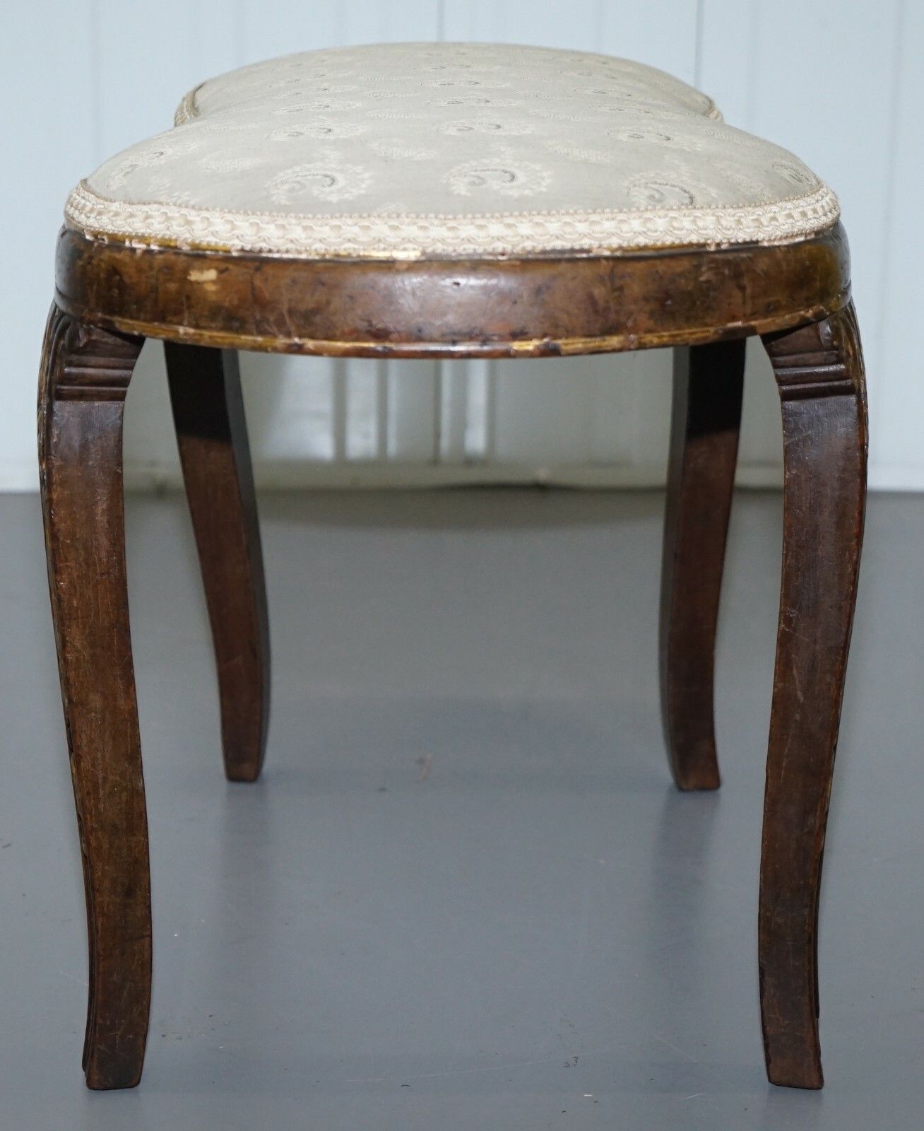 photo for sale Rare Regency Walnut Giltwood Curved Kidney Saddle Stool Acanthus Leaf Detailing