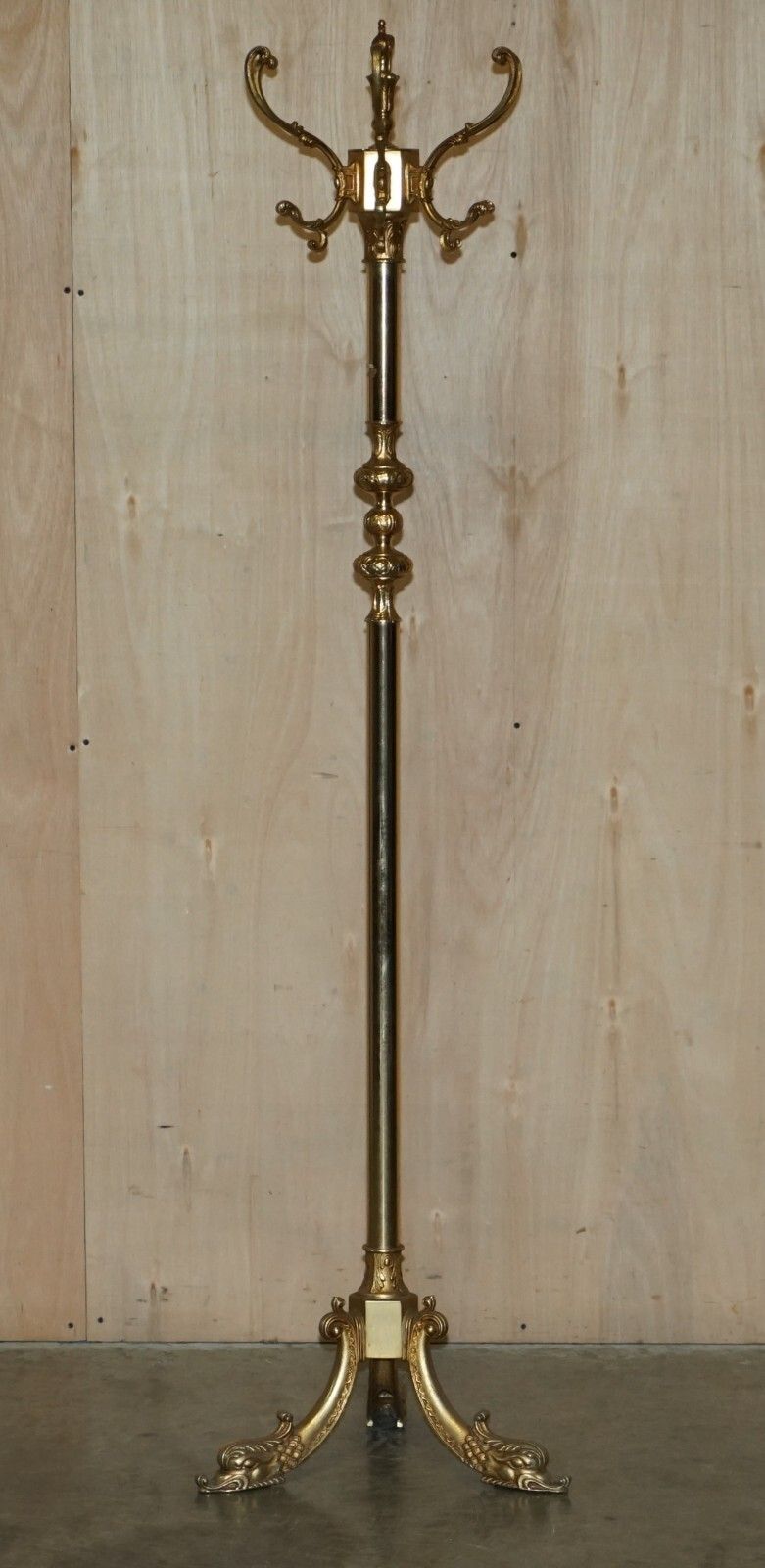 photo vinterior Antique Victorian Circa 1880 Brass Coat Hat & Scarf Stand Rare Dolphin Cast Legs