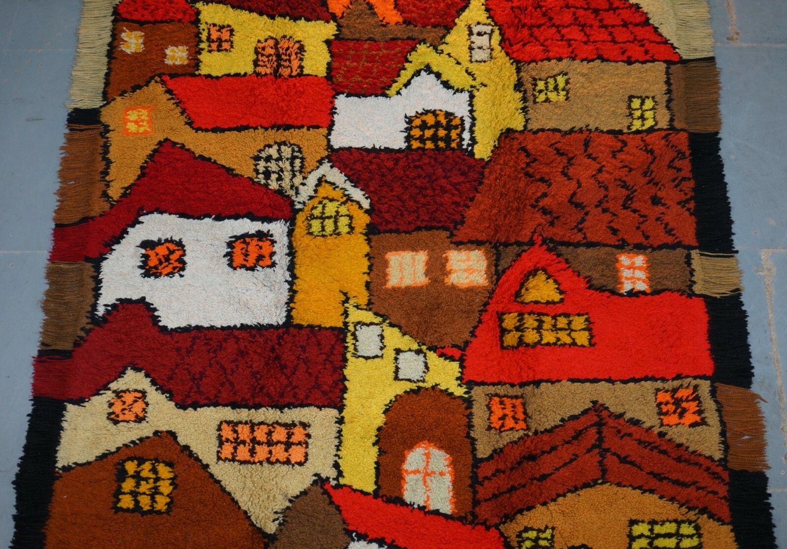 Stunning Large Shag Pile Rug Depicting Houses In The Style Of L.S Lowry photo for sale
