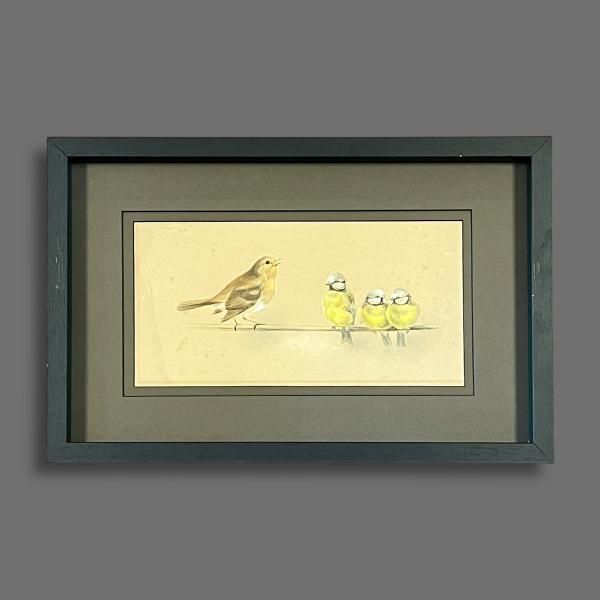 Watercolour Of Robin And The Blue Tits By Sculptor Frank Dobson