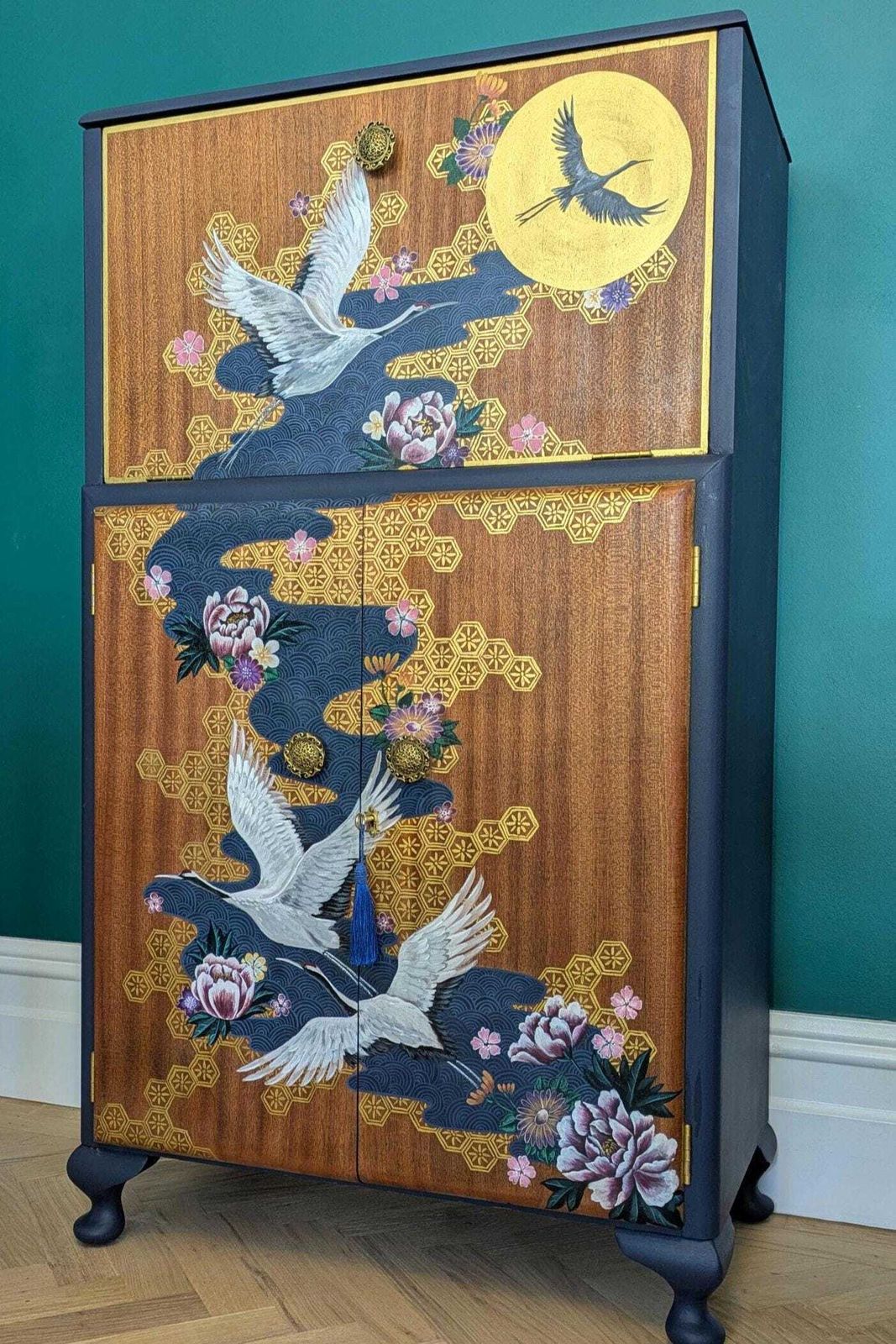 Vintage Cocktail Cabinet – Hand Painted Japanese Crane & Floral Design, Oriental Style Drinks Cabinet photo furniture