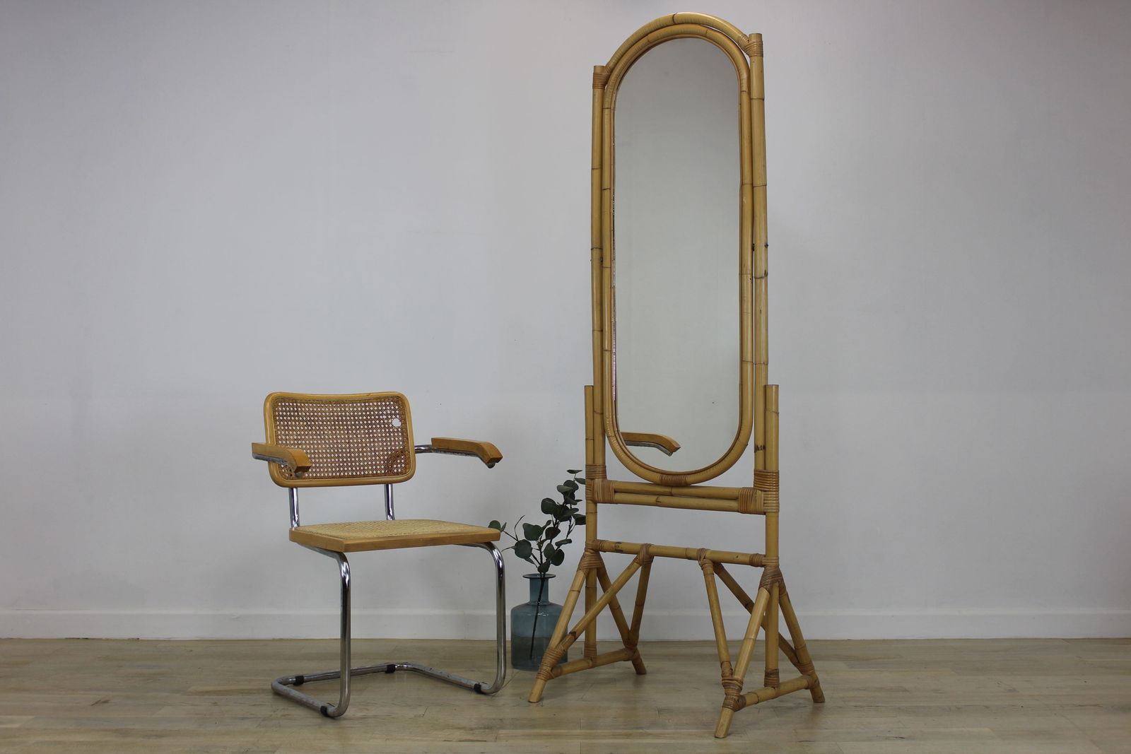 Vintage 1980s Cheval Full Length Bamboo Mirror