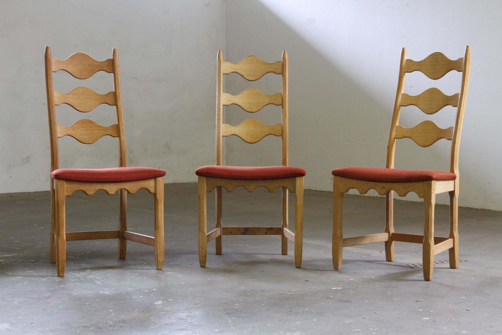 photo for sale Vintage 1960s Danish Brutalist Ladderback Light Oak Chairs Style Of Kjærnulf
