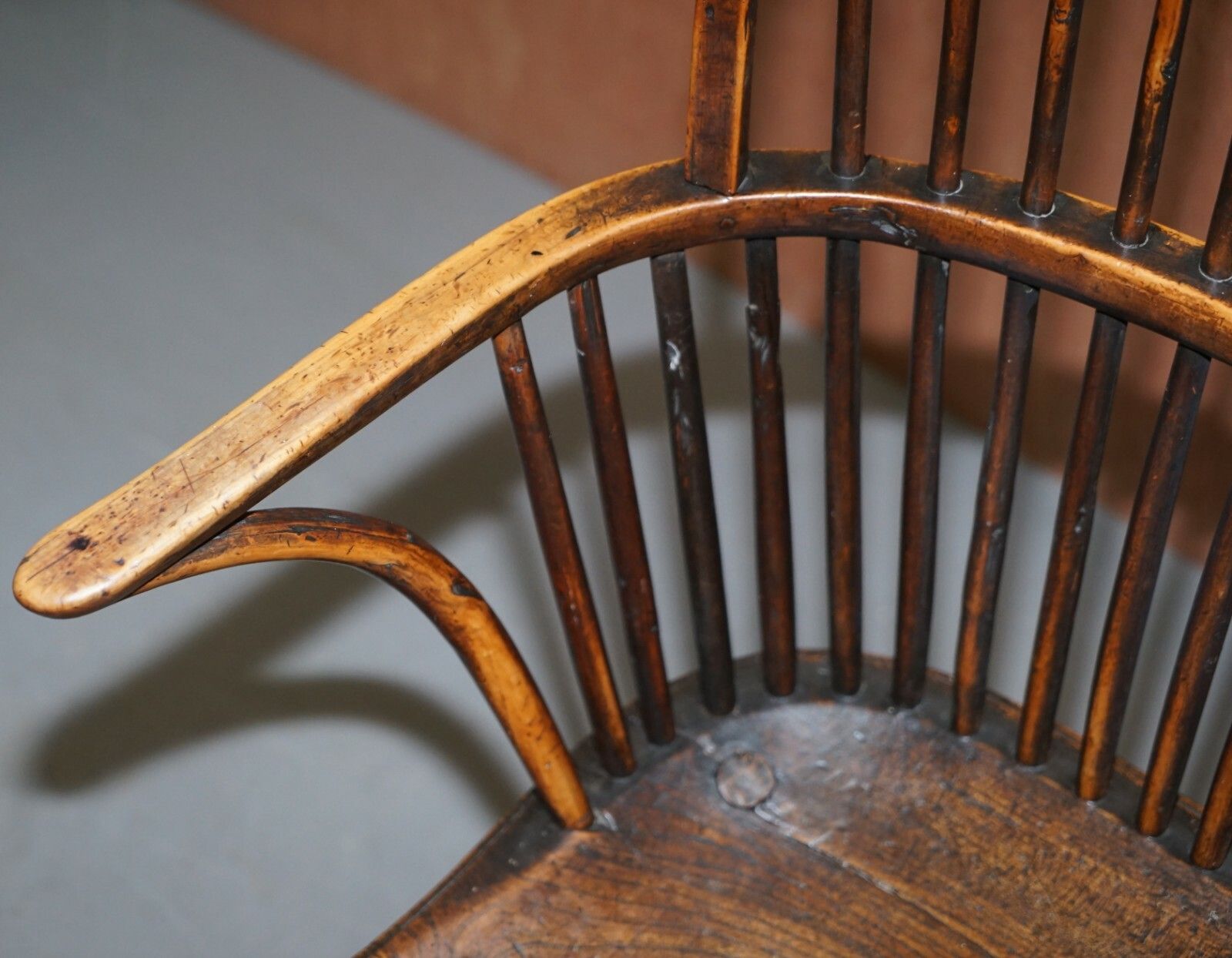 Primitive Circa 1800 Hoop Back Windsor Armchair In Elm Heavy Patina Decorative photo vintage