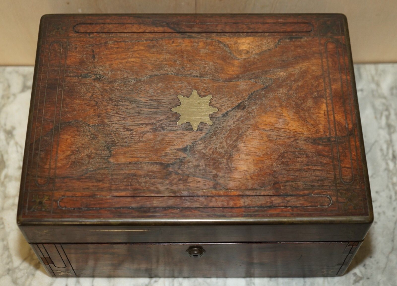 For Restoration Antique Rosewood Brass Vanity Box Sterling Silver Pieces Inside photo Home Decor