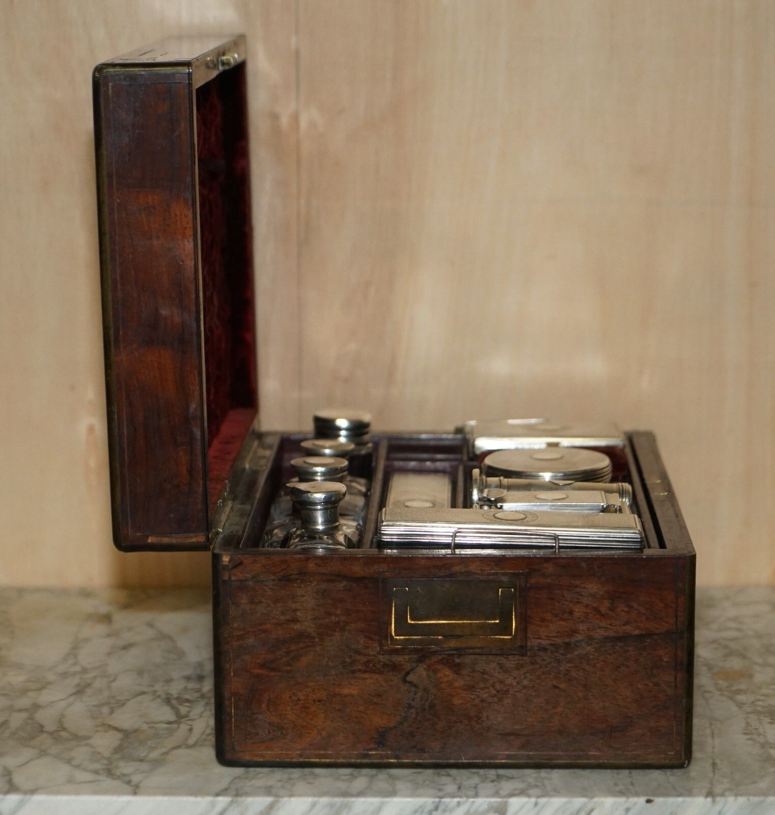 photo buy For Restoration Antique Rosewood Brass Vanity Box Sterling Silver Pieces Inside