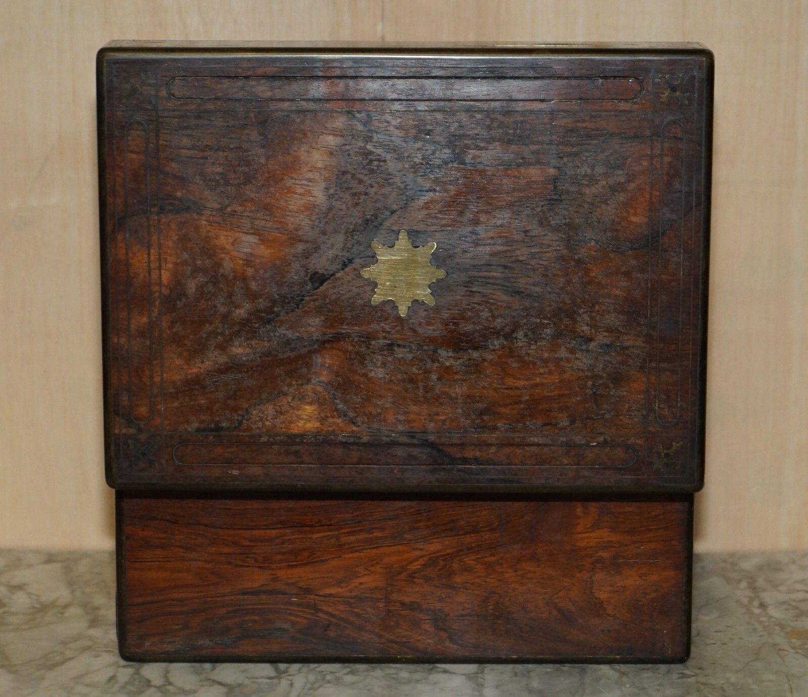 photo vintage For Restoration Antique Rosewood Brass Vanity Box Sterling Silver Pieces Inside