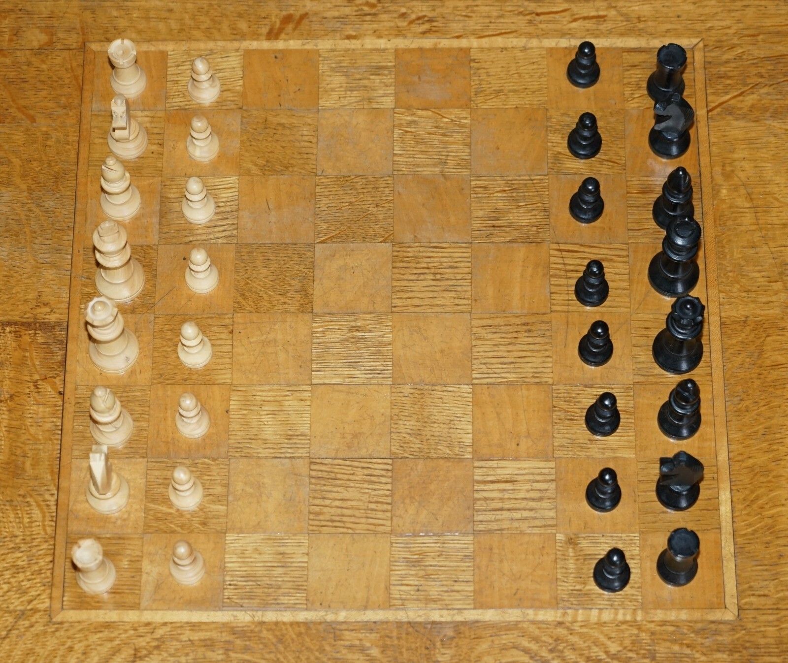 Vintage Honey Oak Chess Board Coffee Table With Vintage Ebonised Chess Set photo Furniture