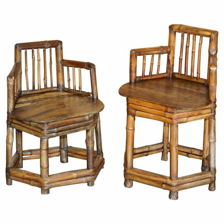 Pair Of Stunning Circa 1800 Chinese Bamboo Primitive Occasional Chairs His & Her