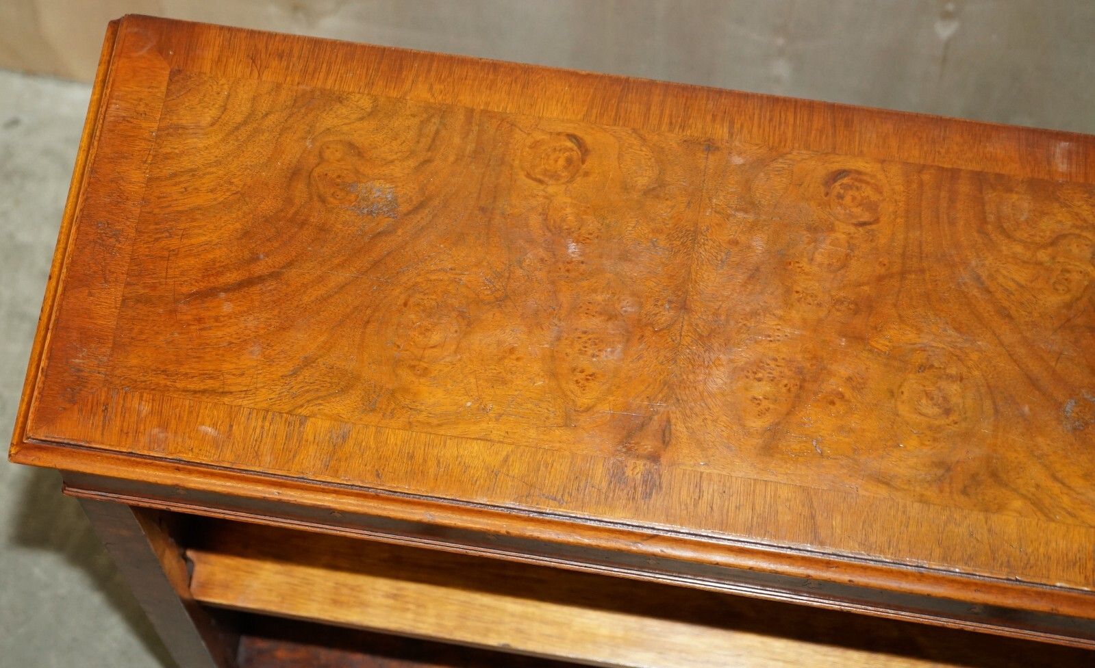 Sheraton Revival Burr Elm Walnut Inlay Dwarf Library Open Bookcase Bookshelf photo vinterior